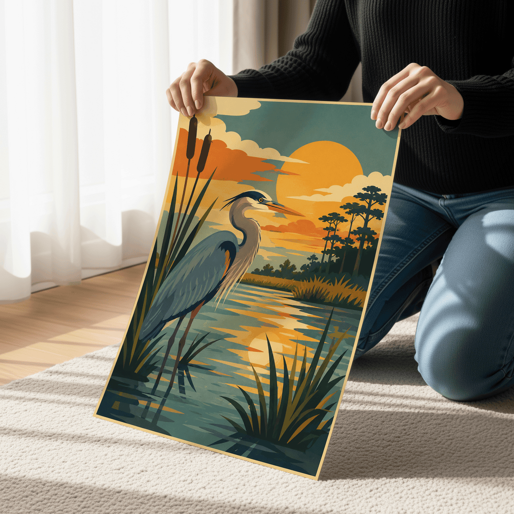 Retro Blue Heron Wall Art Print, Mid Century Coastal Marsh Sunset Poster, Wetland Bird Nature Decor