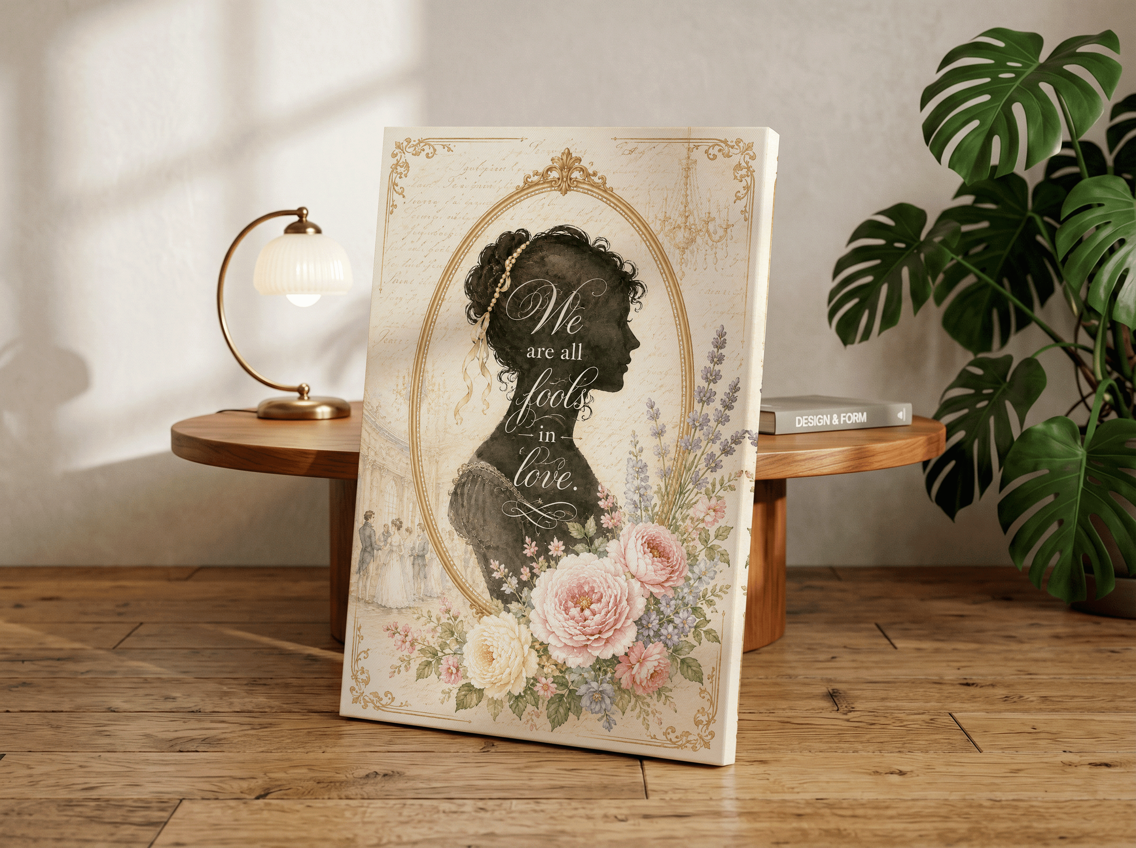 We Are All Fools in Love Wall Art, Regency Silhouette Poster, Jane Austen Inspired Romantic Floral Decor, Vintage Literary Artwork