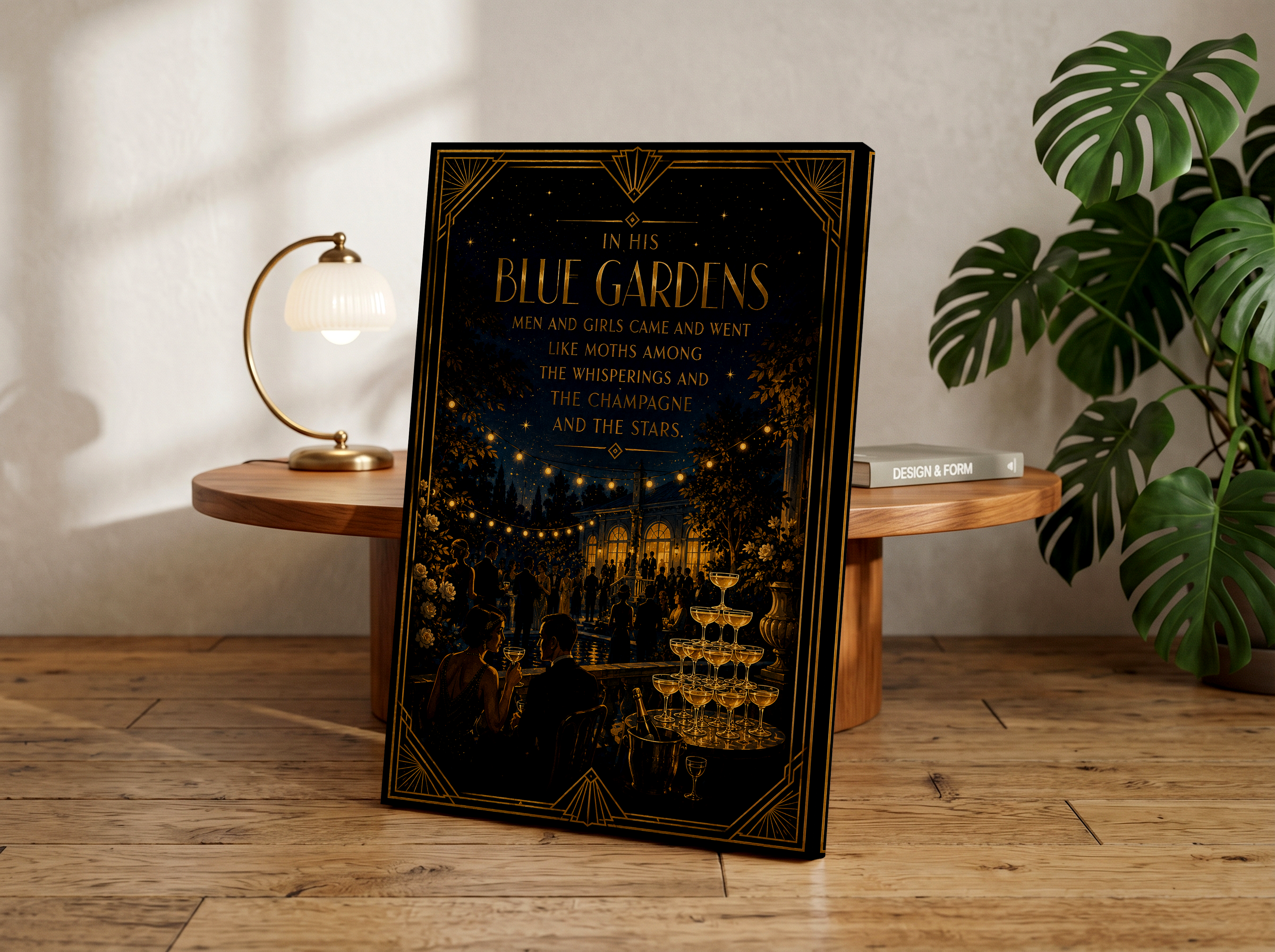 In His Blue Gardens Poster, Great Gatsby Inspired Wall Art, Art Deco Literary Quote Print, Roaring Twenties Garden Party Decor, Champagne & Stars Artwork