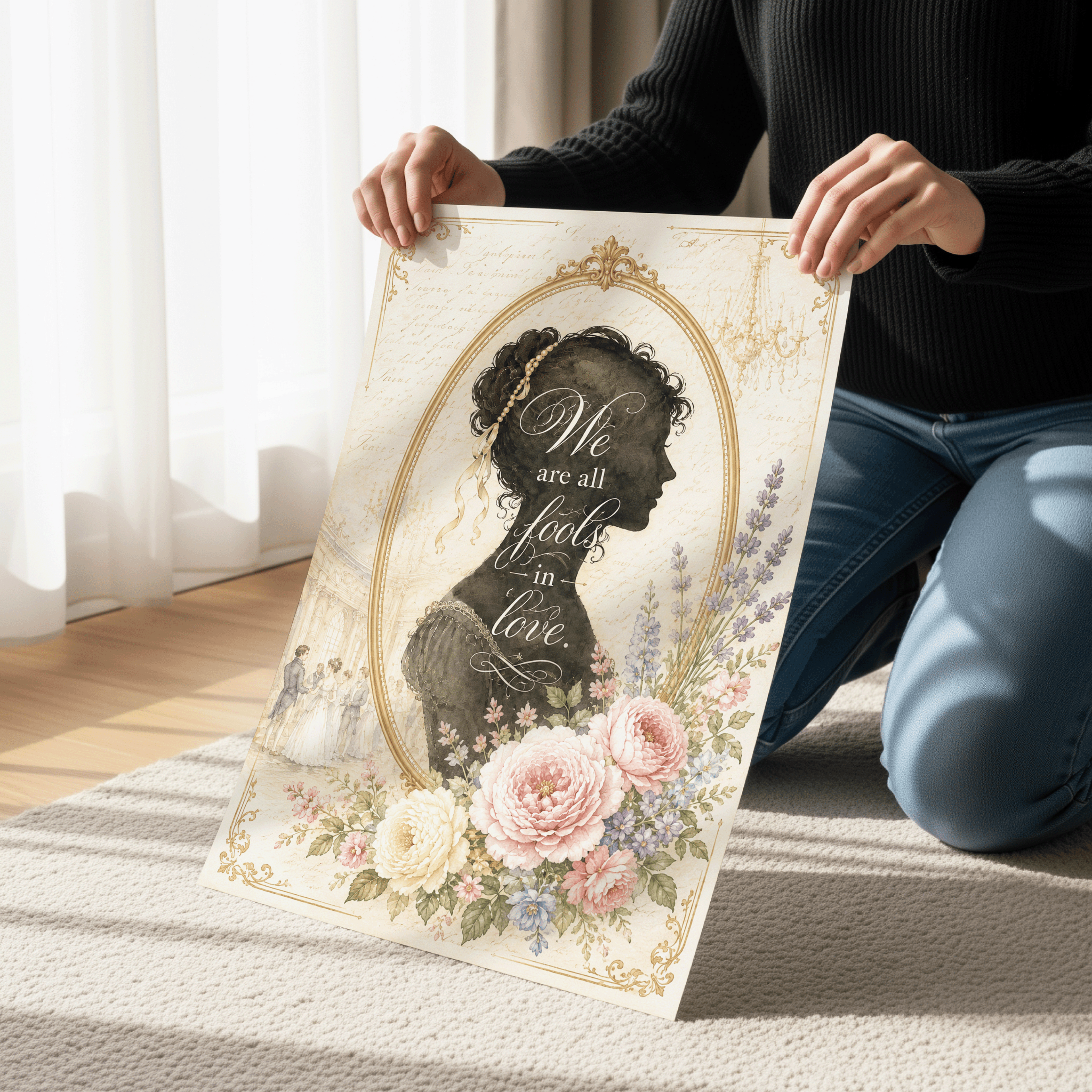 We Are All Fools in Love Wall Art, Regency Silhouette Poster, Jane Austen Inspired Romantic Floral Decor, Vintage Literary Artwork