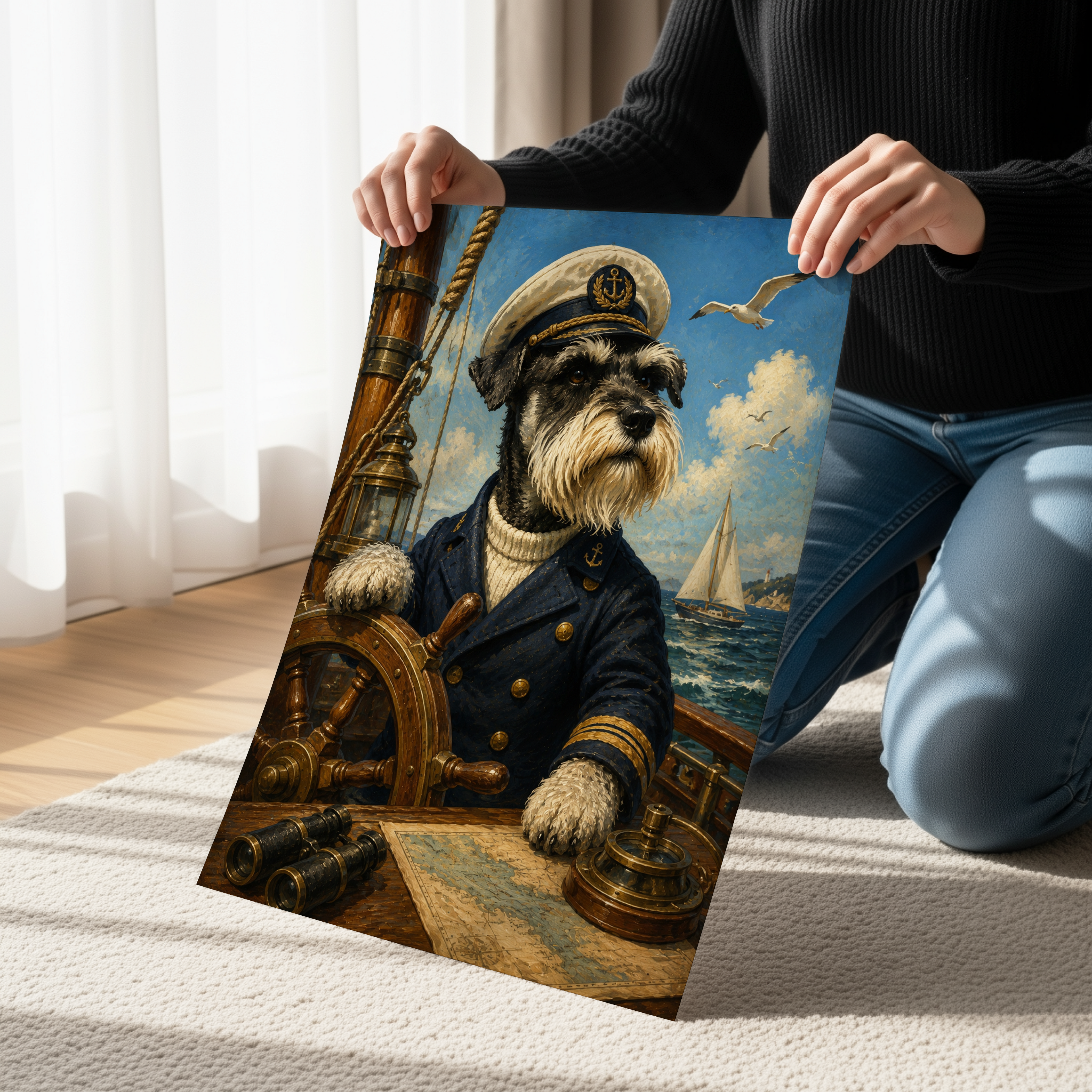 Miniature Schnauzer Sea Captain Wall Art, Nautical Dog Portrait, Coastal Cottage Decor, Maritime Dog Print, Sailor Schnauzer Artwork, Beach House Gift
