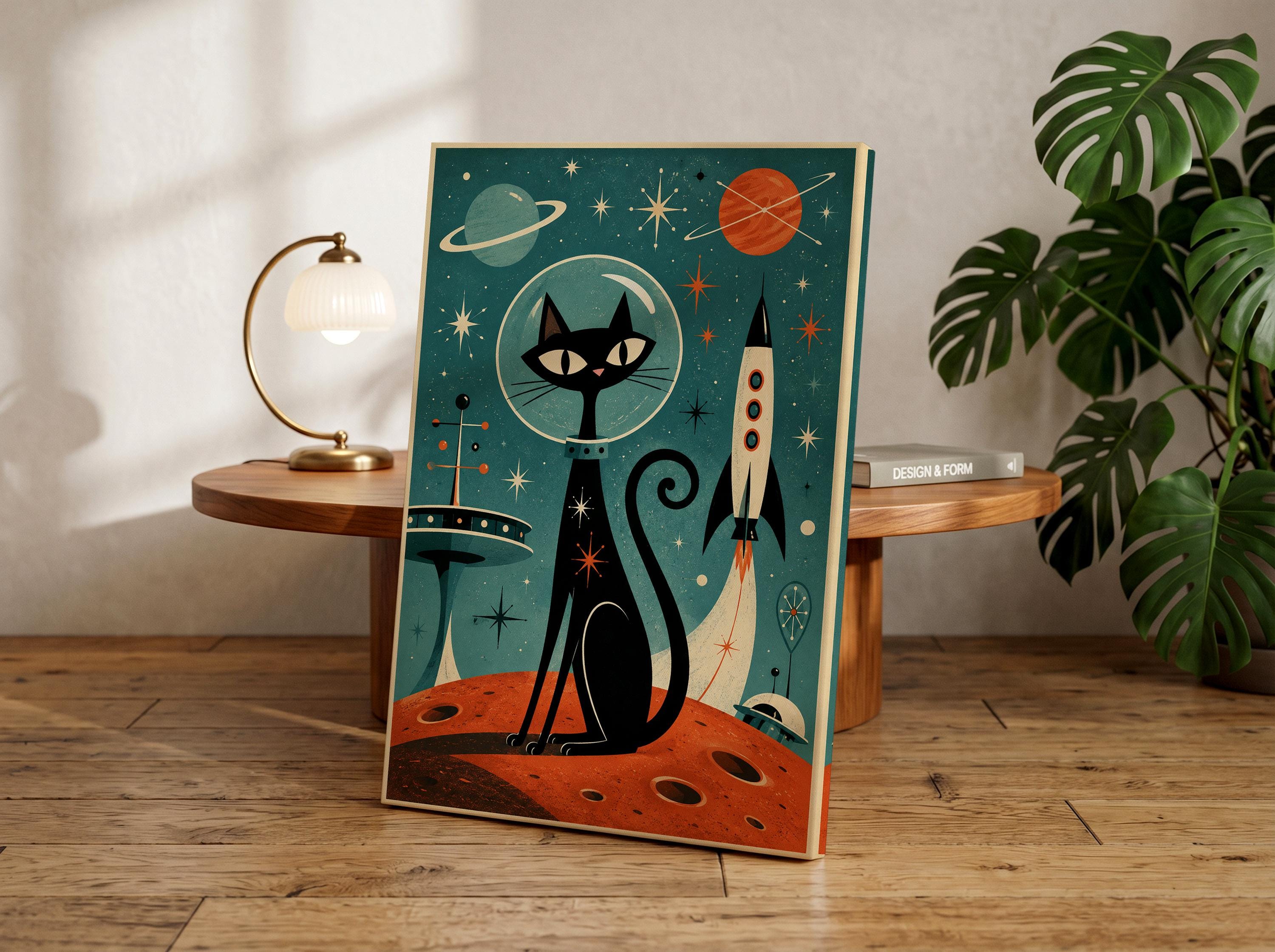Atomic Space Cat Print, Mid Century Modern Retro Futurism Wall Art