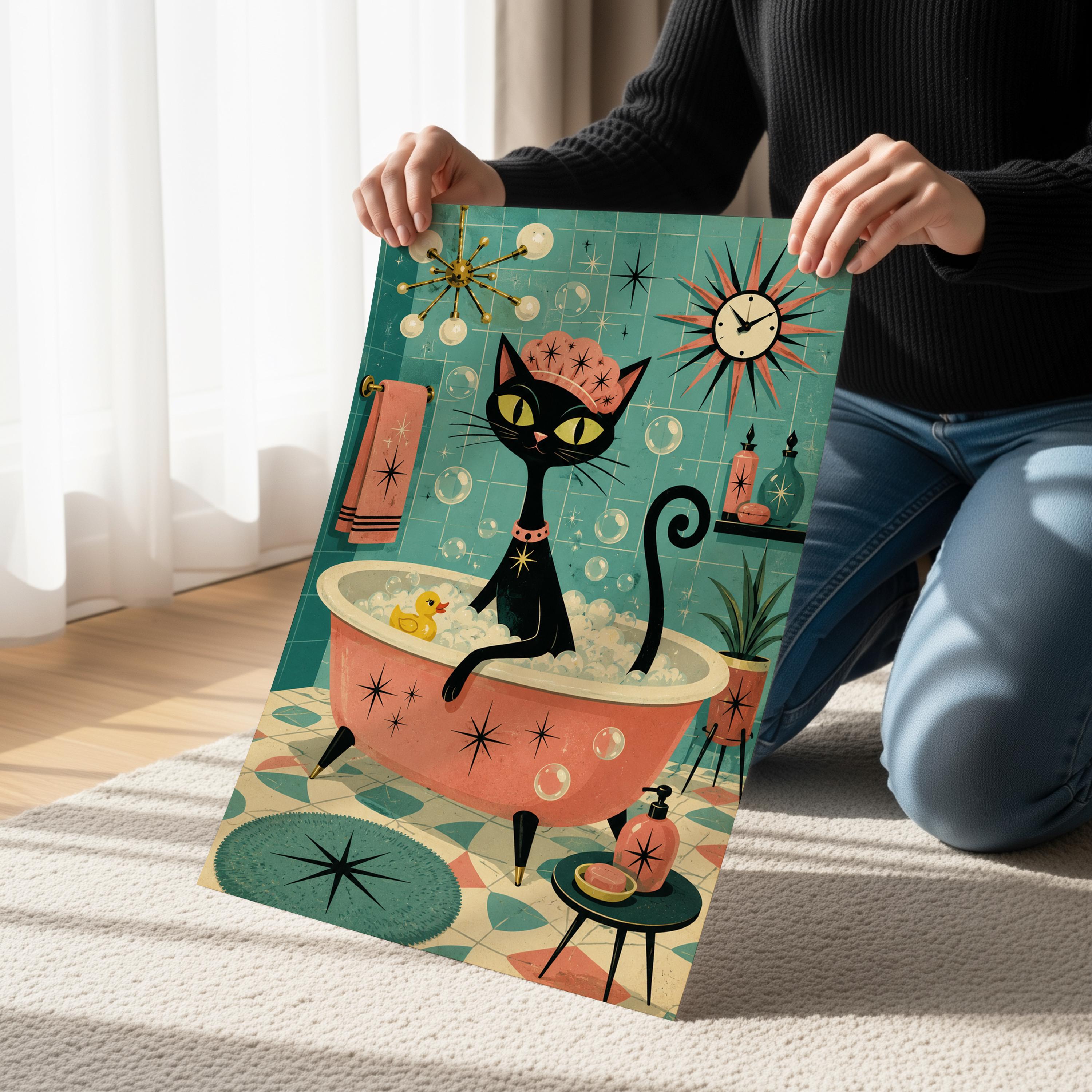 Black Cat Bubble Bath Art, Mid Century Modern Retro Bathroom Print (Poster or Canvas)