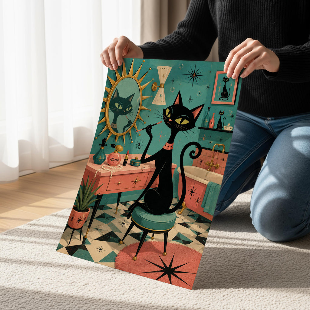 Atomic Cat Vanity Print, Mid Century Modern Black Cat Art, Retro Bathroom Decor (Poster)