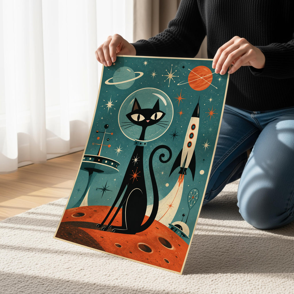 Atomic Space Cat Print, Mid Century Modern Retro Futurism Wall Art
