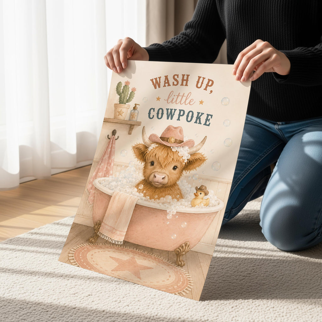 Highland Cow Bathroom Art, Watercolor Wash Up Little Cowpoke Print, Western Nursery Decor