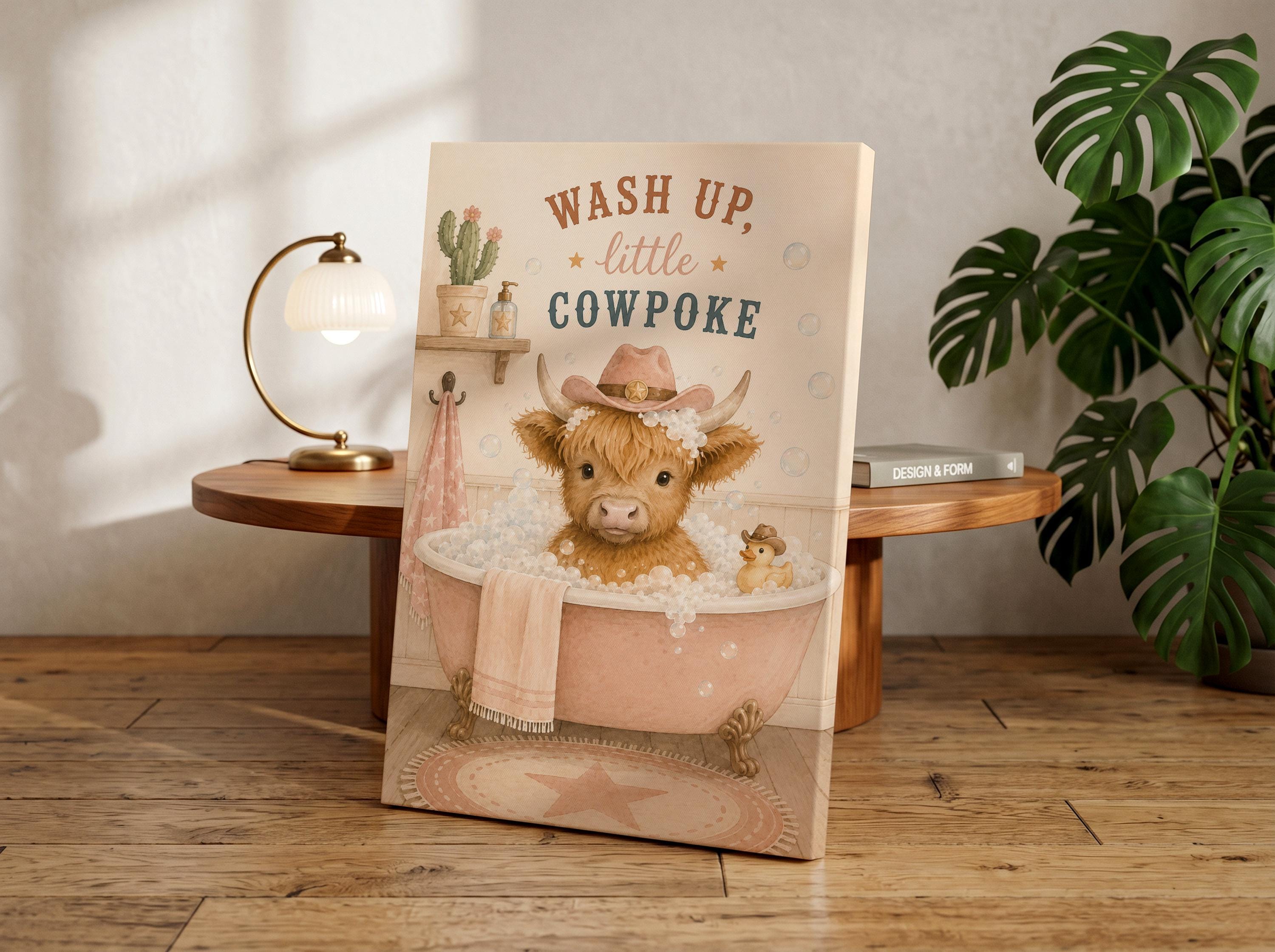 Highland Cow Bathroom Art, Watercolor Wash Up Little Cowpoke Print, Western Nursery Decor