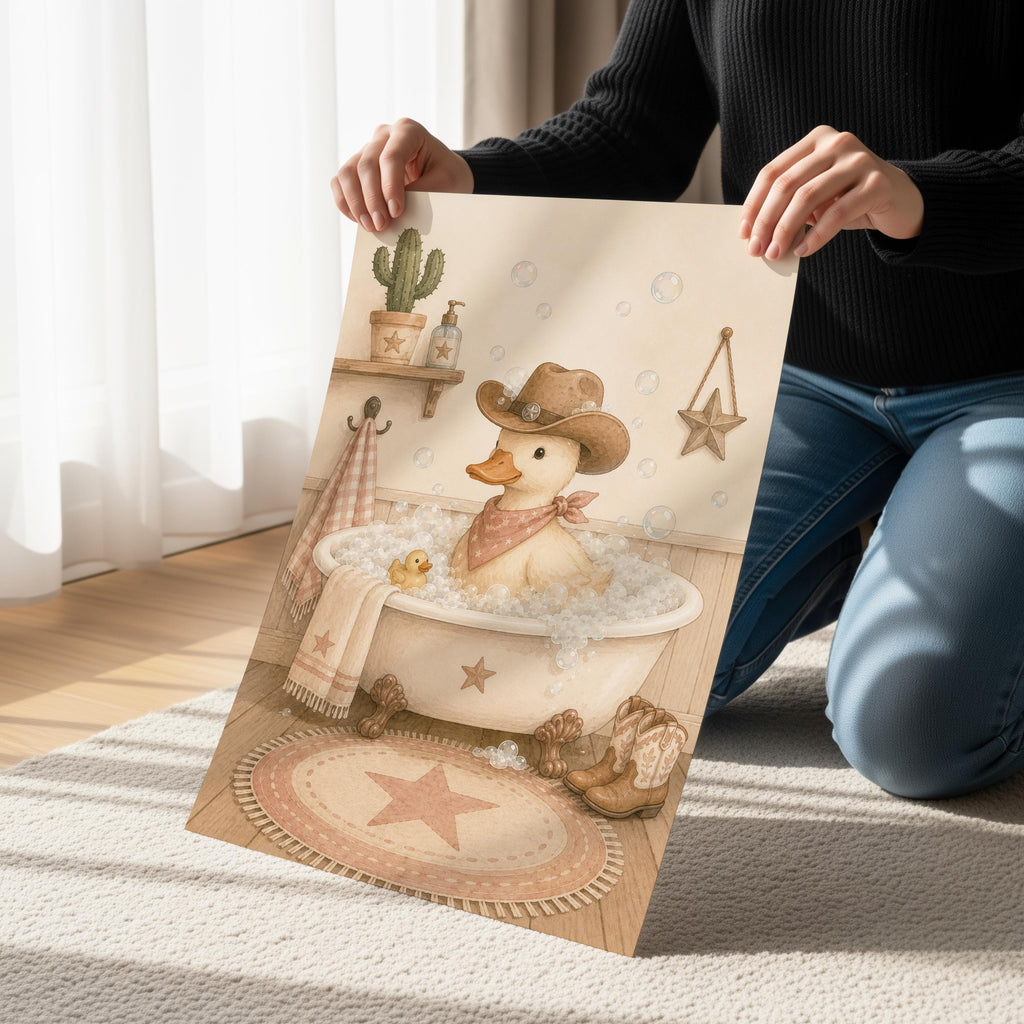 Cowboy Duck Bathtub Print, Western Nursery Wall Art, Farmhouse Kids Bathroom Decor
