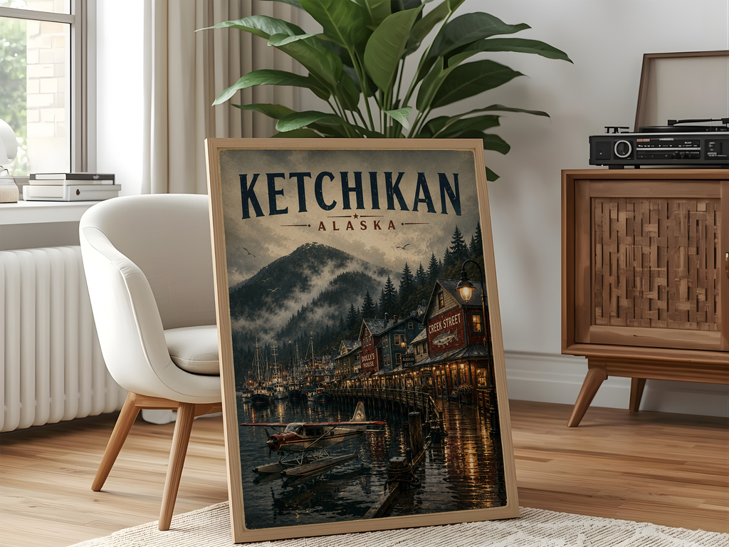 Ketchikan Alaska Vintage Travel Poster | Creek Street Harbor Wall Art Canvas Print