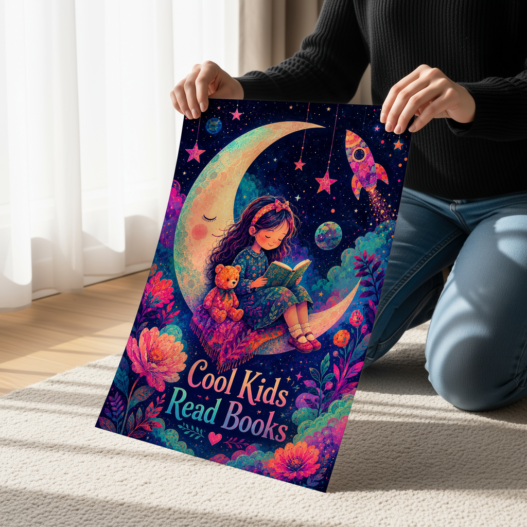 Cool Kids Read Books Wall Art | Cosmic Reading Moon Poster | Psychedelic Nursery Decor | Colorful Kids Room Art | Dreamy Book Lover Print