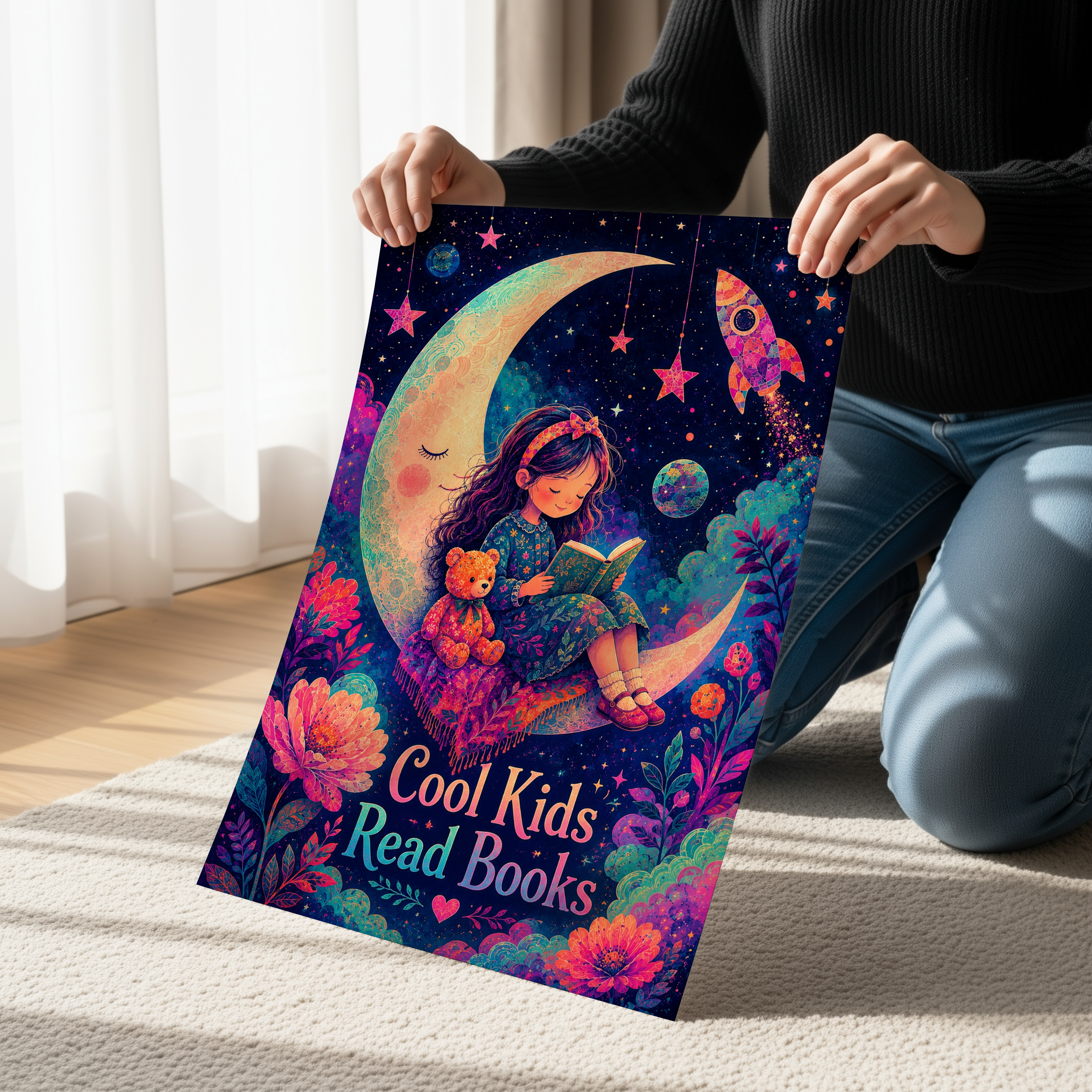 Cool Kids Read Books Wall Art | Cosmic Reading Moon Poster | Psychedelic Nursery Decor | Colorful Kids Room Art | Dreamy Book Lover Print