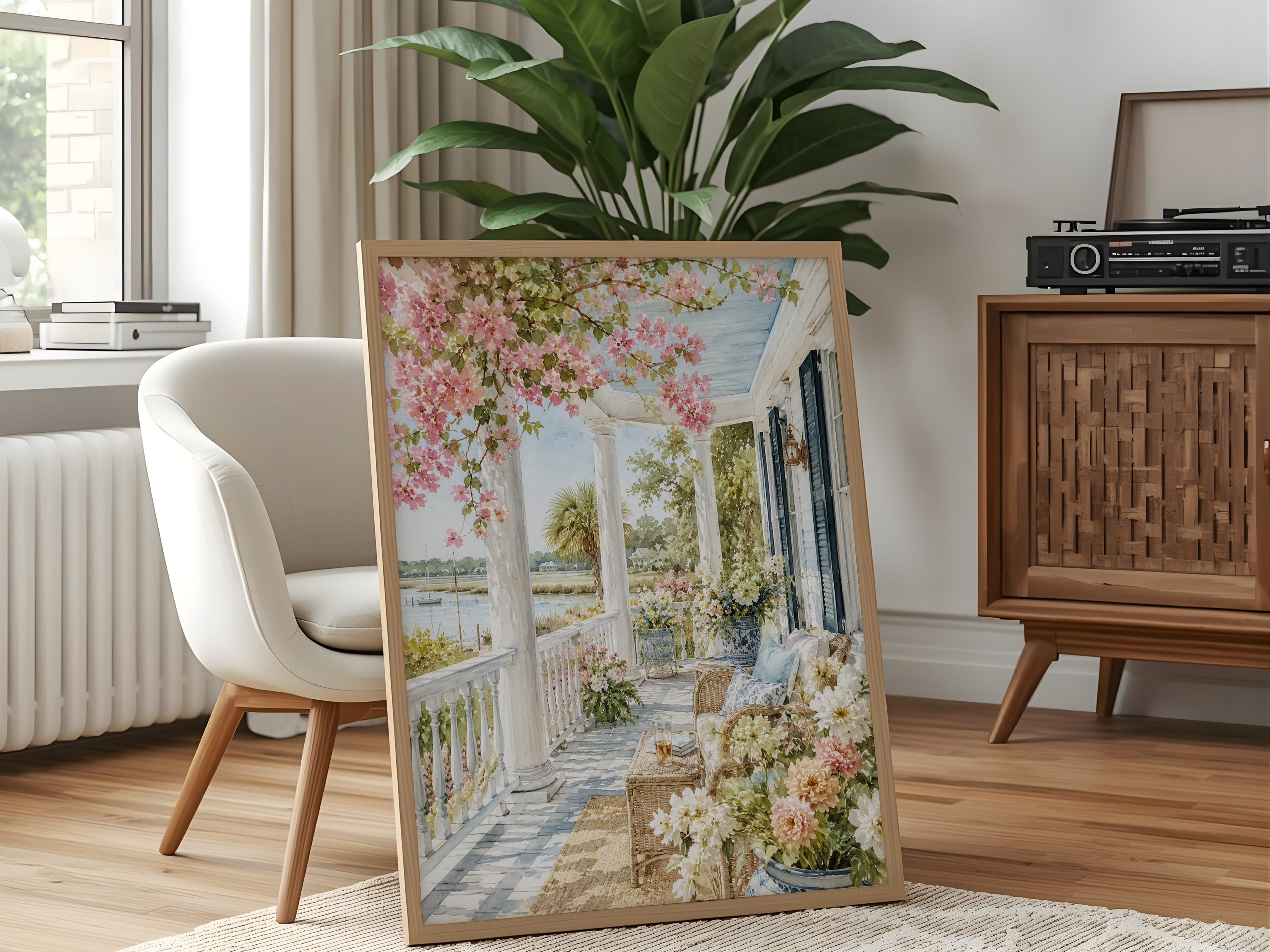 Southern Coastal Porch Watercolor Print | Elegant Floral Cottage Wall Art