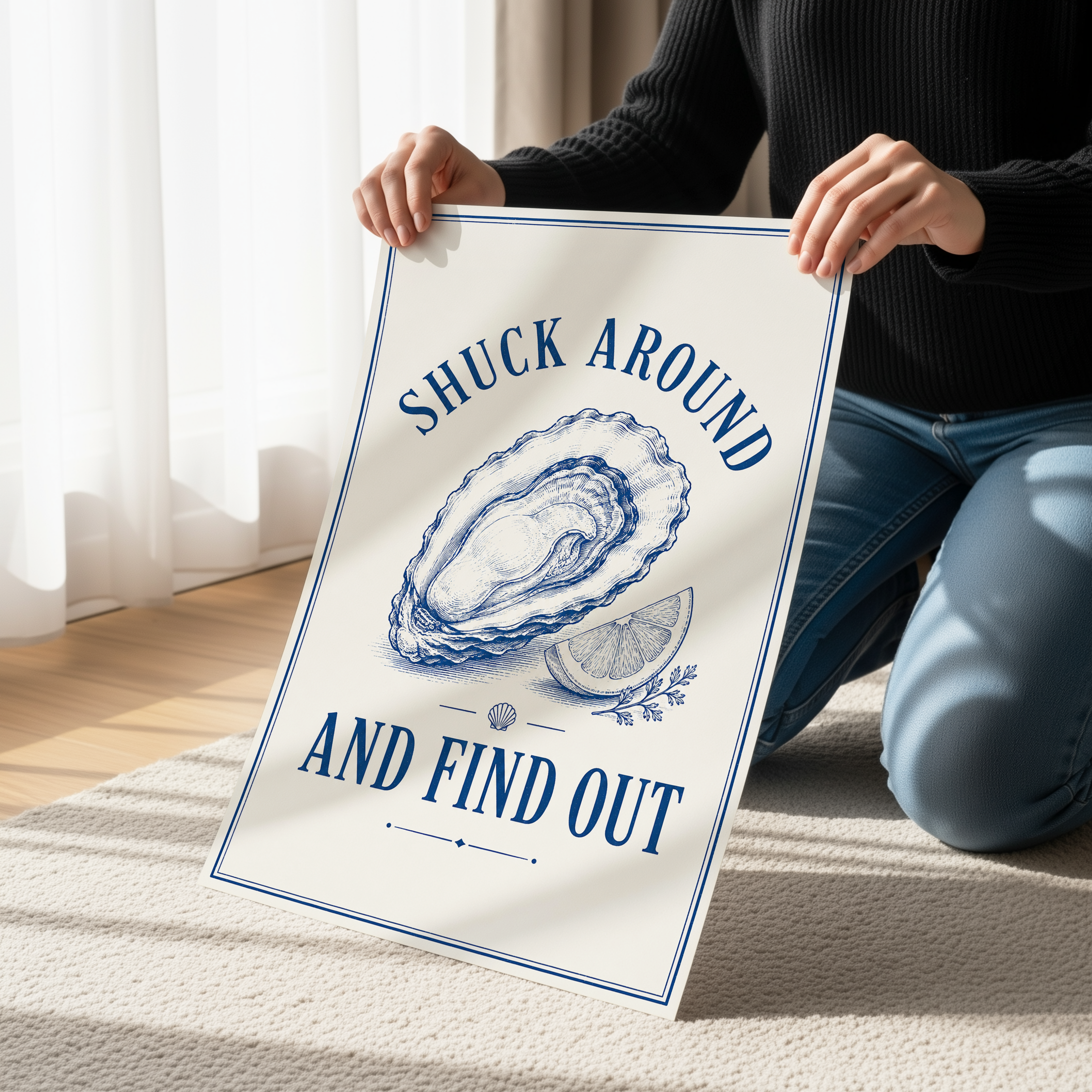 Shuck Around and Find Out Print, Funny Oyster Wall Art, Coastal Kitchen Decor, Oyster Bar Sign, Nautical Coastal Poster, Seafood Lover Gift