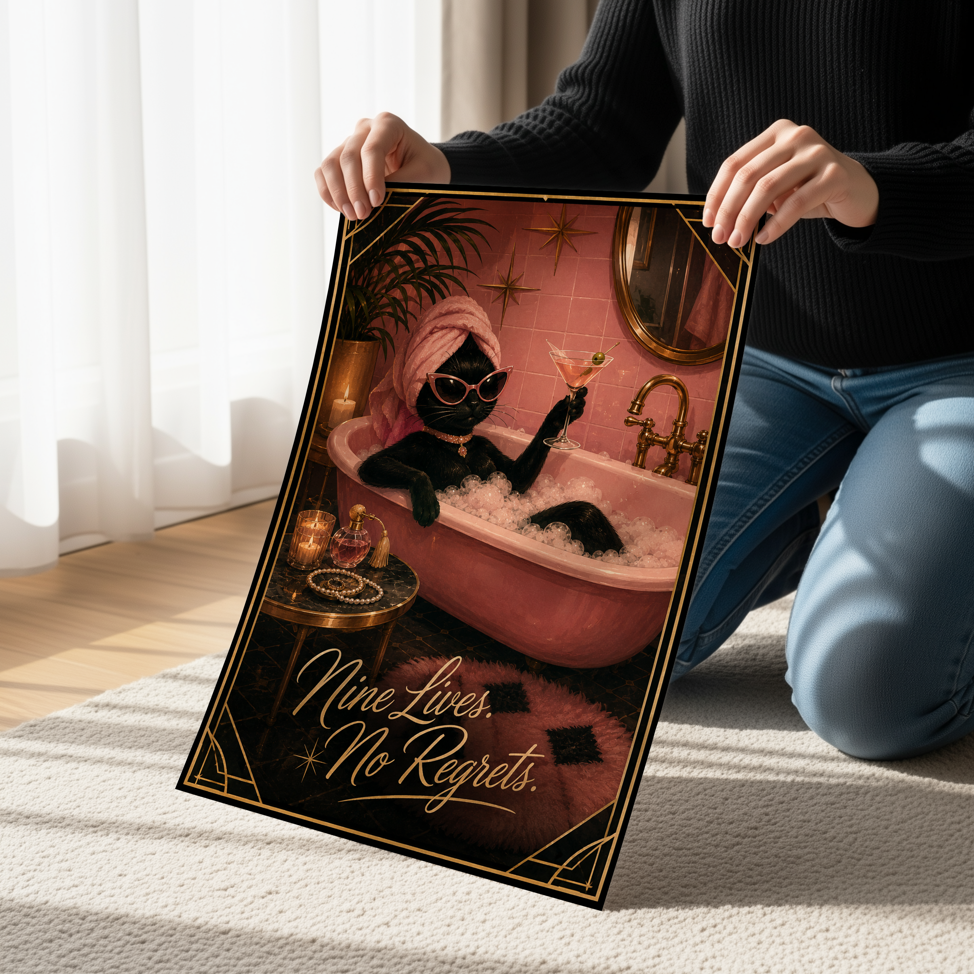 Nine Lives No Regrets Poster, Black Cat Bathroom Wall Art, Pink Bathroom Decor, Funny Cat Art Print, Glam Cat Wall Decor