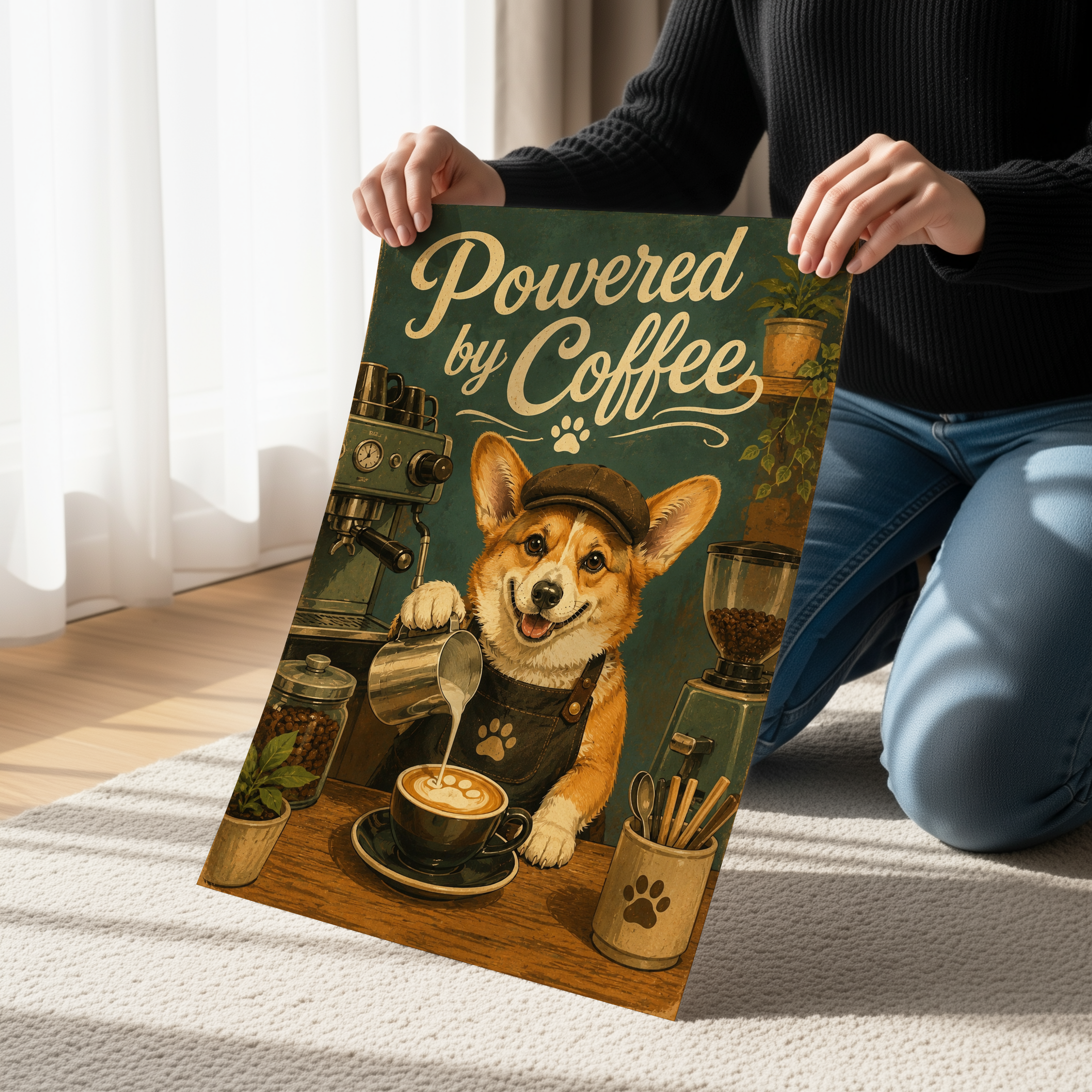 Powered by Coffee Corgi Poster, Funny Coffee Bar Wall Art, Corgi Barista Print, Retro Coffee Shop Decor, Cute Dog Kitchen Artwork