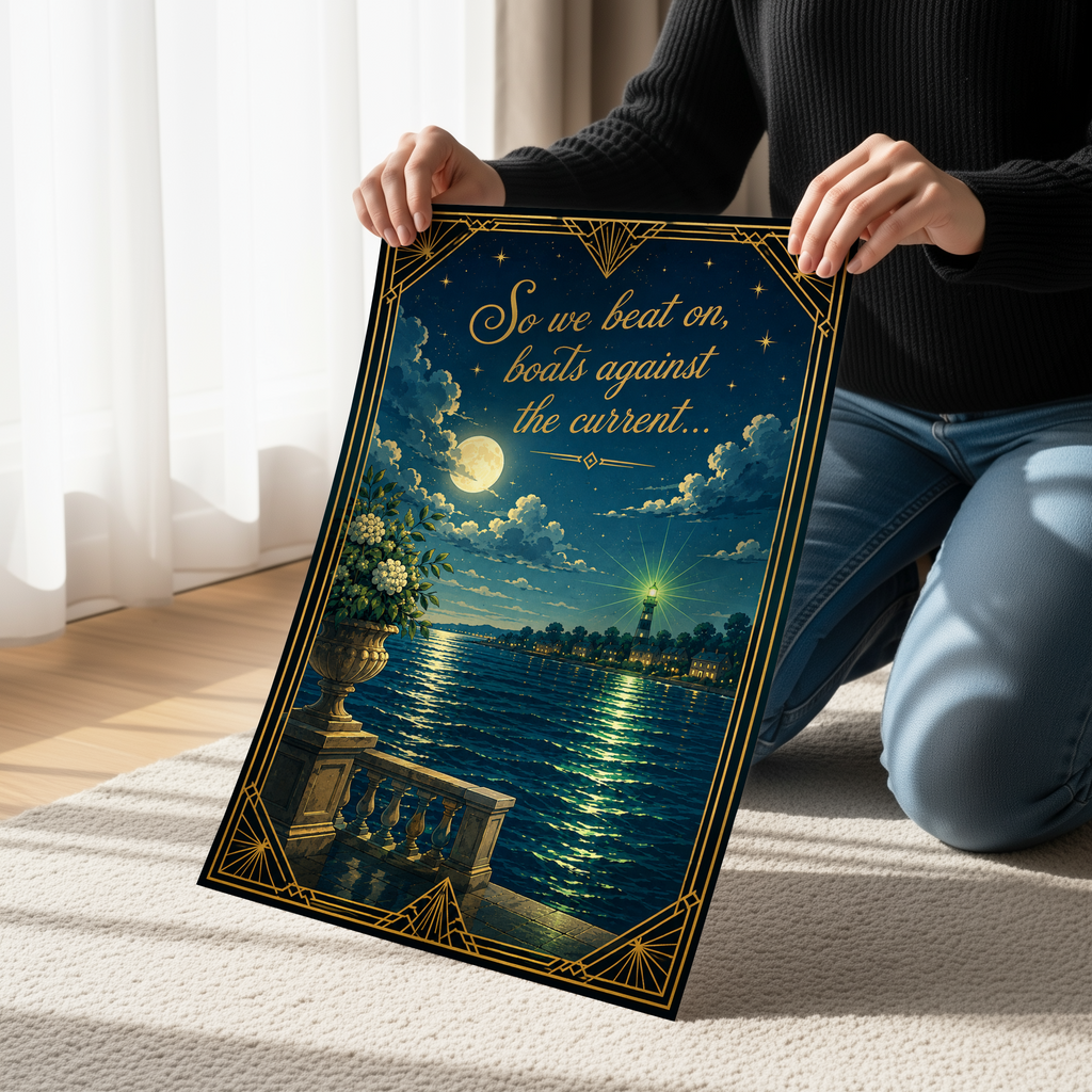 So We Beat On Poster, Great Gatsby Inspired Quote Wall Art, Art Deco Literary Print, Green Light Decor, Classic Book Lover Gift