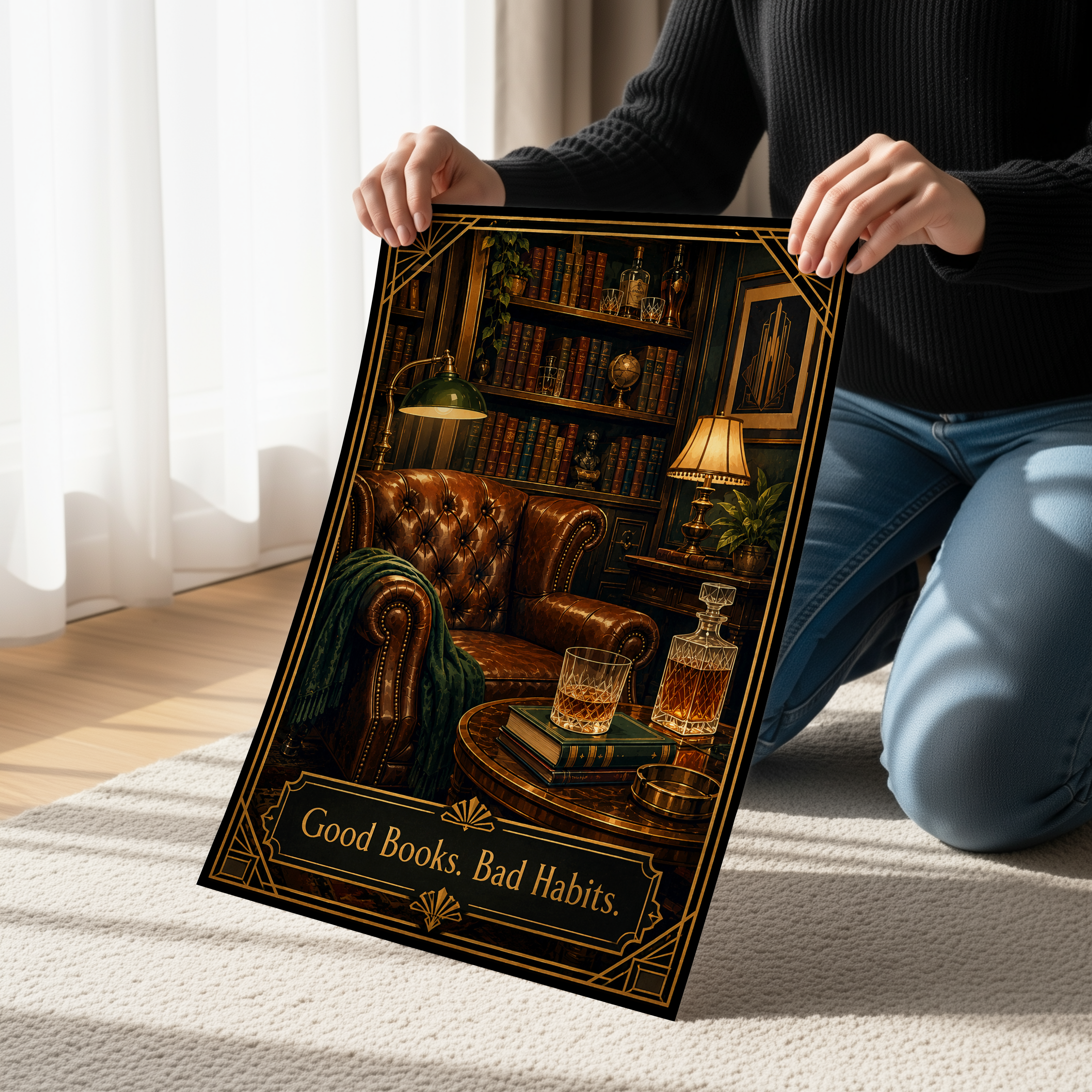 Good Books Bad Habits Poster, Bourbon Wall Art, Speakeasy Wall Art, Dark Academia Library Decor, Whiskey Study Print