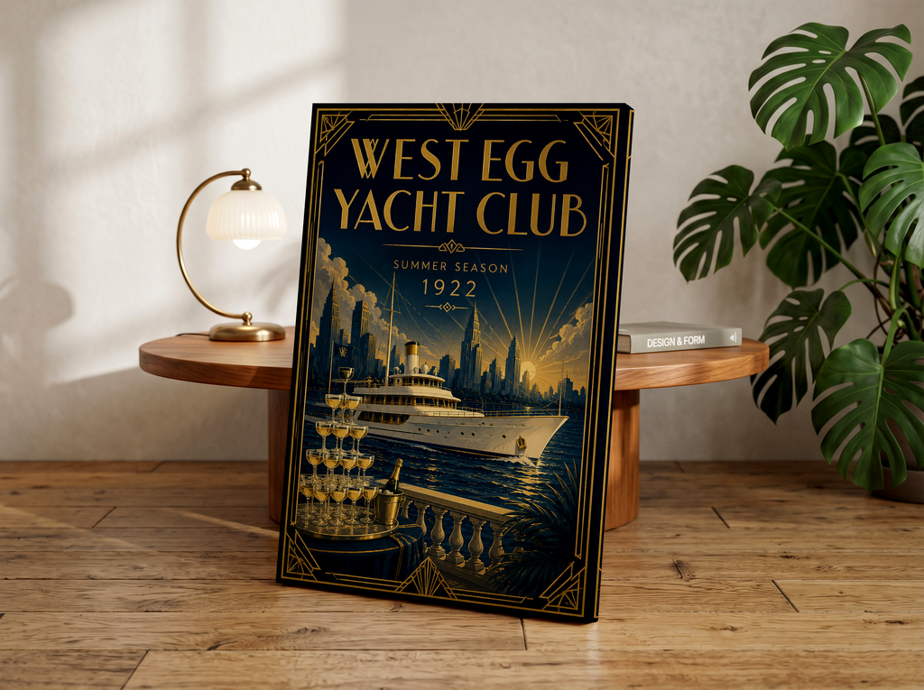 West Egg Yacht Club Poster, Gatsby Inspired Wall Art, Art Deco Travel Poster, Speakeasy Decor, Roaring Twenties Champagne Yacht Print