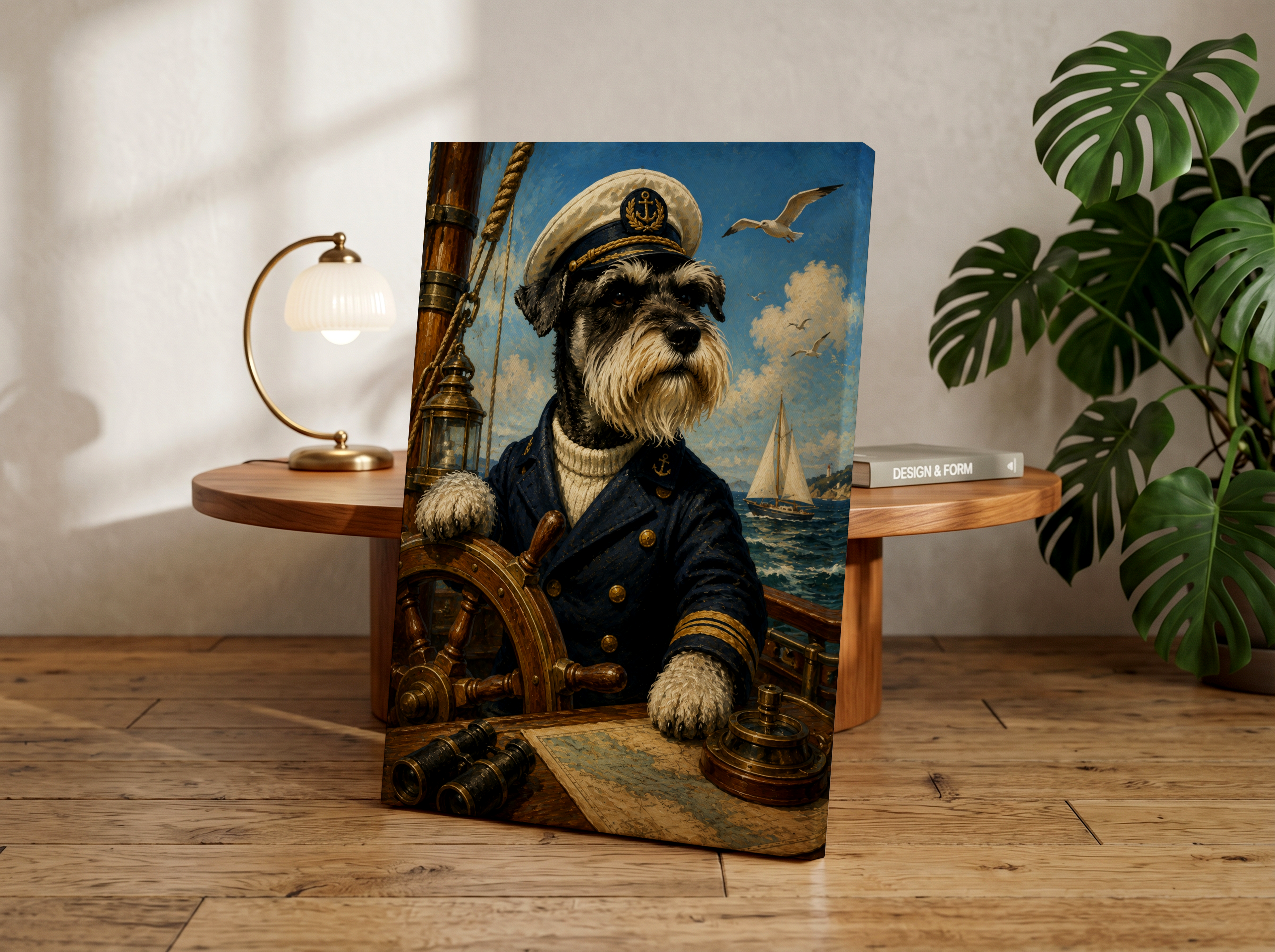 Miniature Schnauzer Sea Captain Wall Art, Nautical Dog Portrait, Coastal Cottage Decor, Maritime Dog Print, Sailor Schnauzer Artwork, Beach House Gift