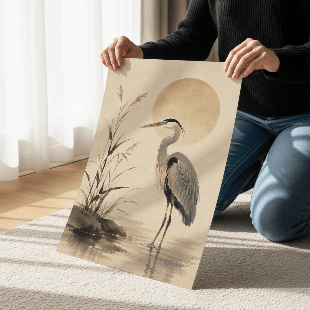 Japandi Blue Heron Wall Art, Minimalist Coastal Bird Print, Neutral Zen Nature Decor