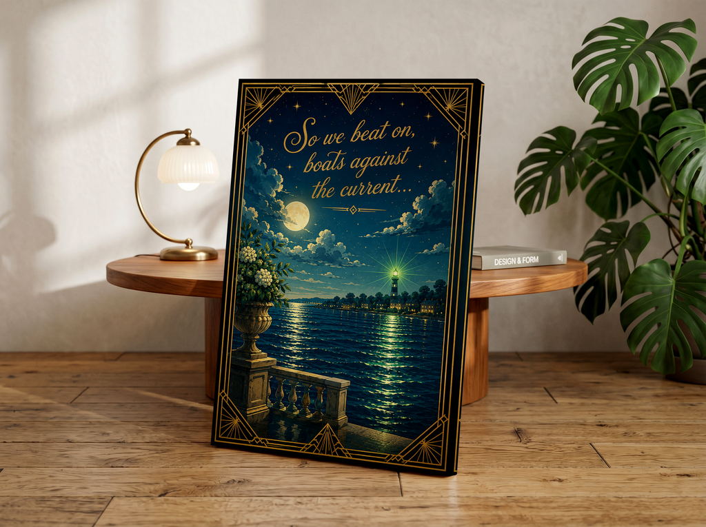 So We Beat On Poster, Great Gatsby Inspired Quote Wall Art, Art Deco Literary Print, Green Light Decor, Classic Book Lover Gift