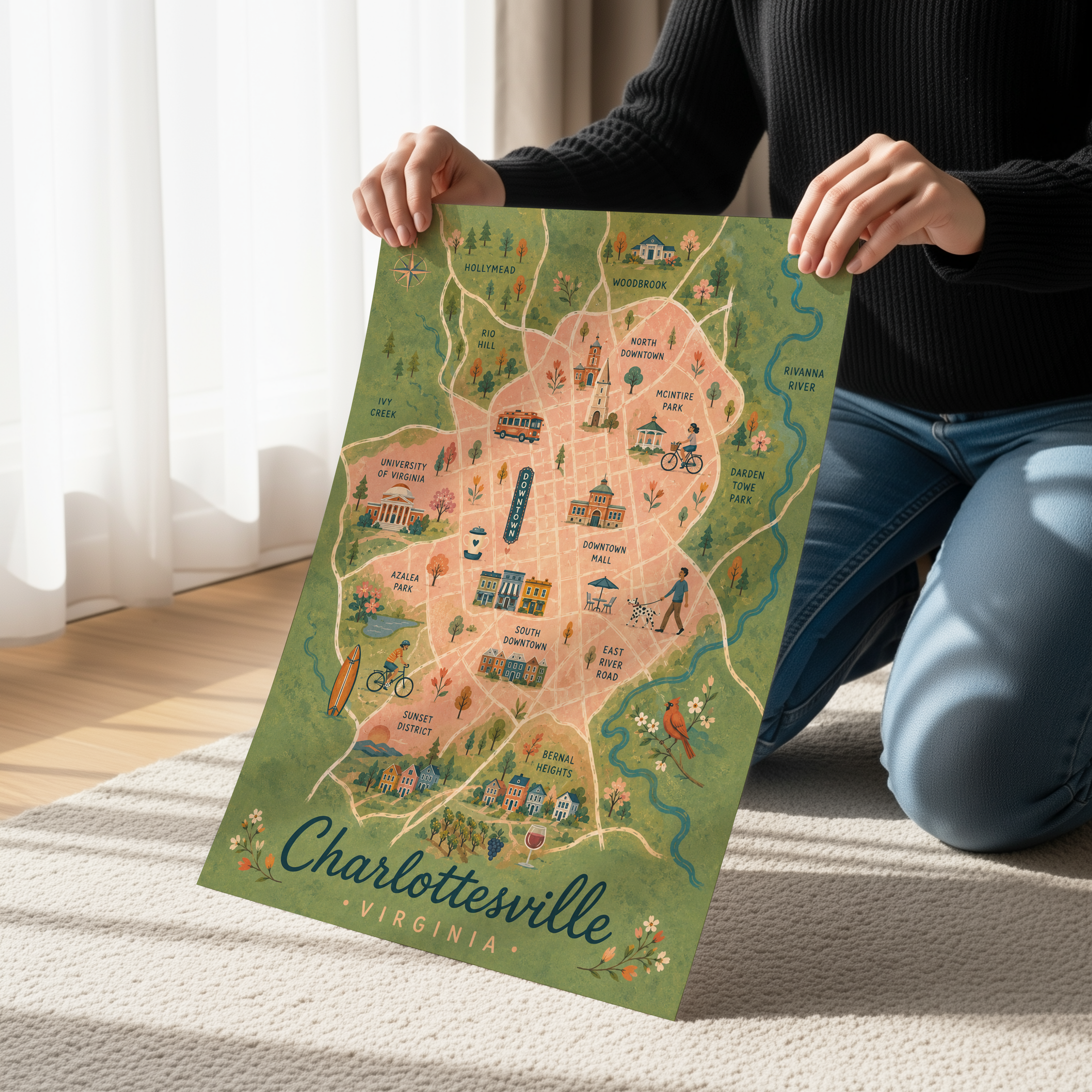 Charlottesville Map Print | Charlottesville Virginia Wall Art | Illustrated Charlottesville Map Poster | UVA Town Art | Virginia Travel Decor