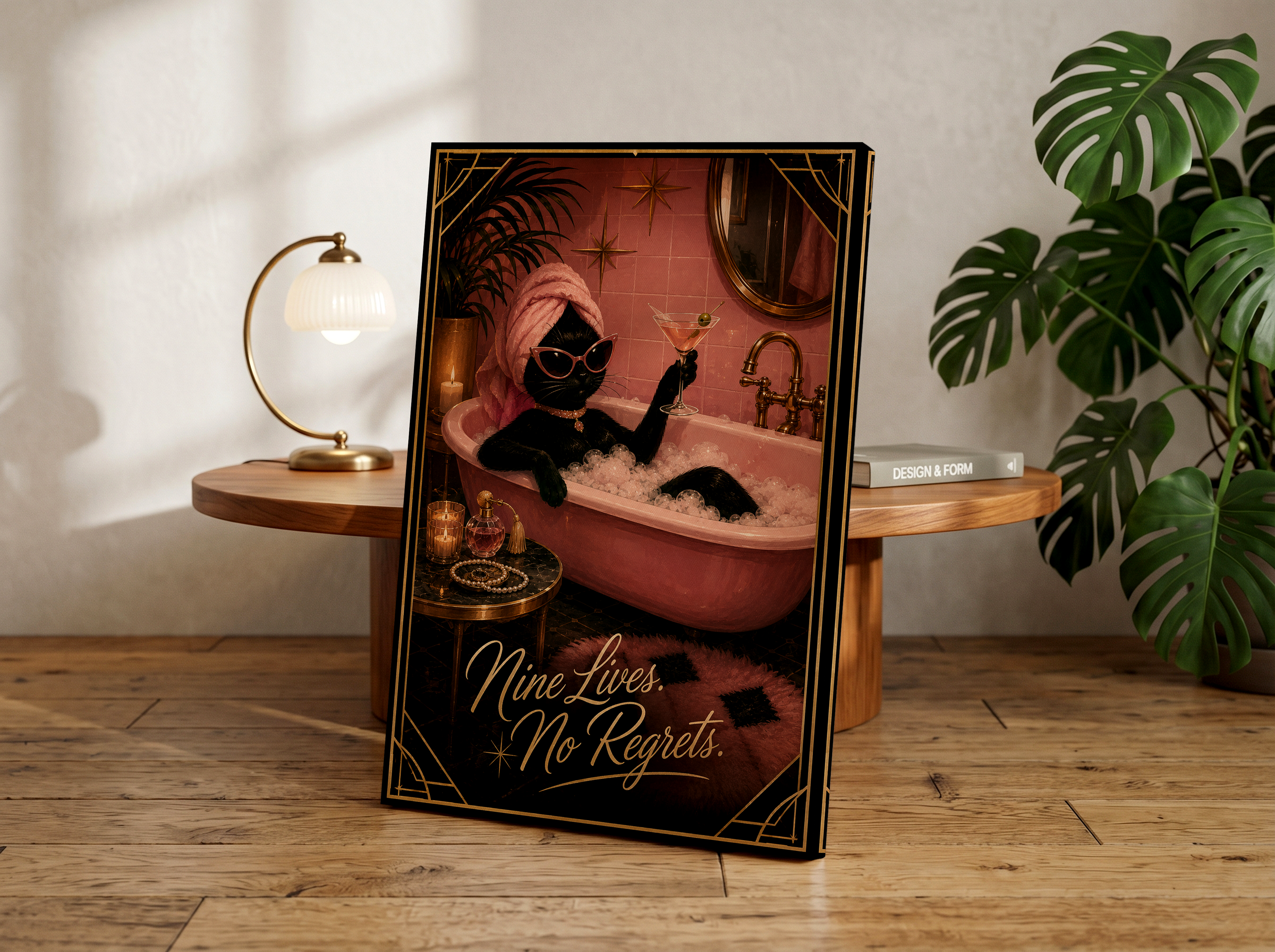 Nine Lives No Regrets Poster, Black Cat Bathroom Wall Art, Pink Bathroom Decor, Funny Cat Art Print, Glam Cat Wall Decor