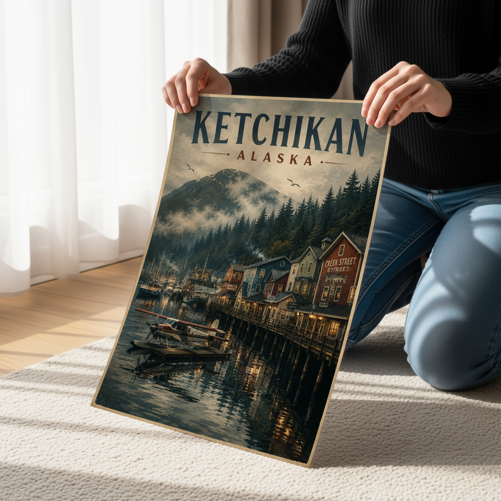 Ketchikan Alaska Vintage Travel Poster | Creek Street Harbor Wall Art Canvas Print