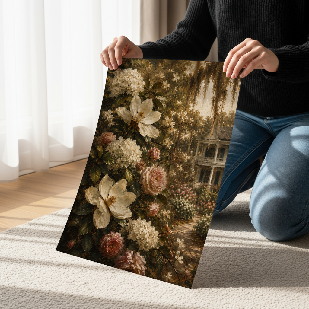 Moody Southern Garden Wall Art | Vintage Floral Landscape Canvas Print