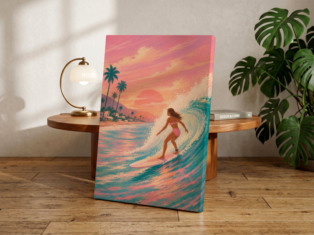 Pink Surf Wall Art Print, Surfing Beach Poster, Coastal Sunset Artwork, Tropical Surf Decor, Surfer Girl Wall Art, Beach House Coastal Print