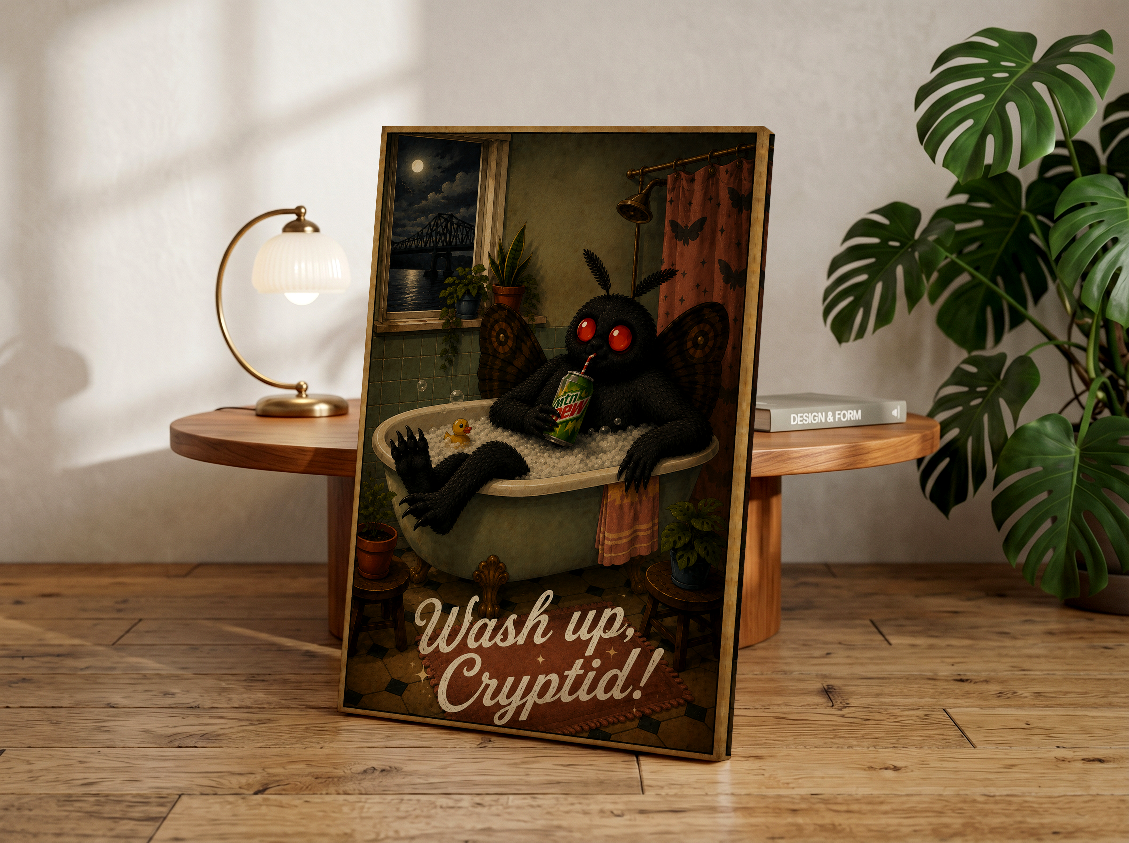 Wash Up, Cryptid! | Funny Mothman Bathroom Wall Art | Cryptid Bath Decor | Mothman Bathtub Print | Whimsical Gothic Bathroom Art
