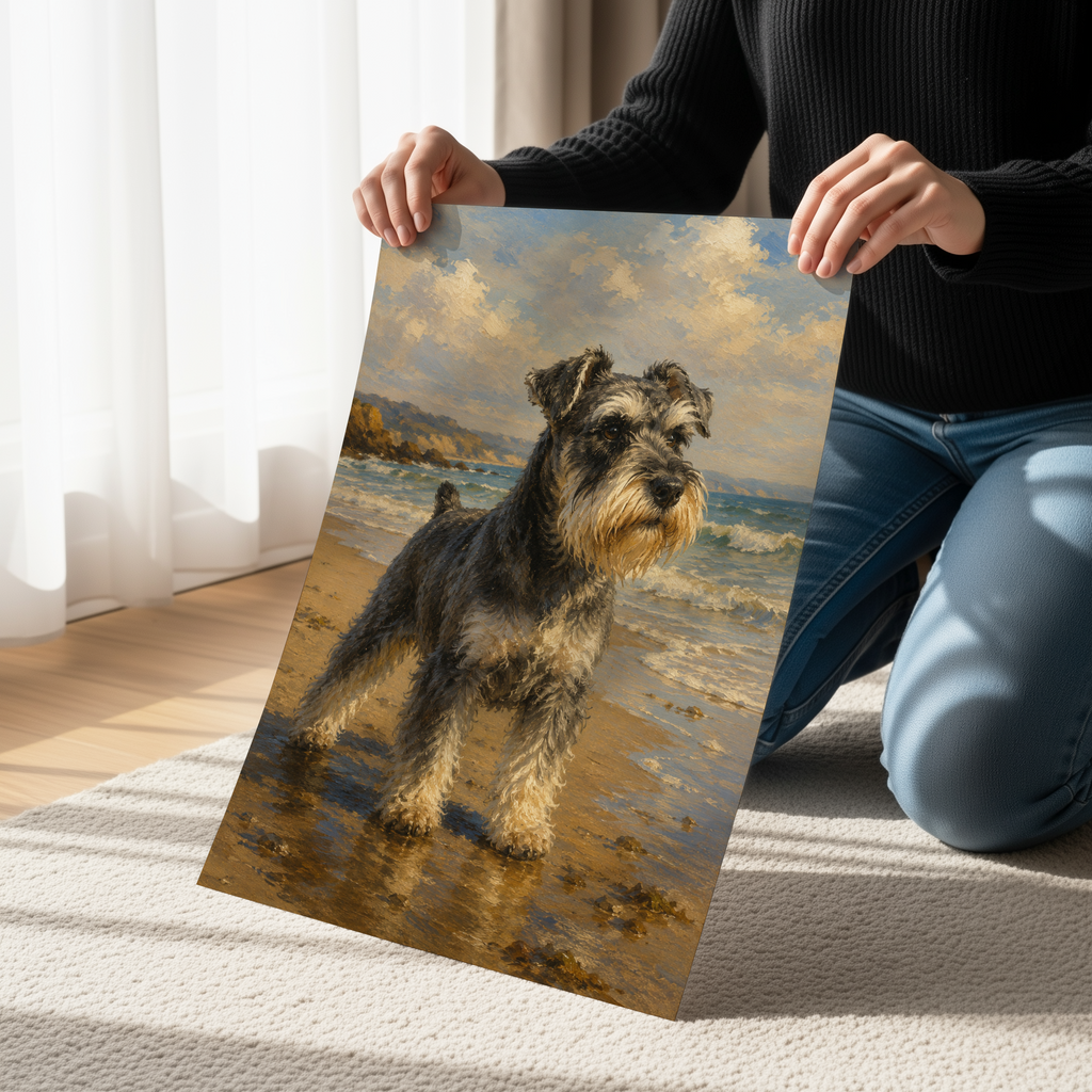 Miniature Schnauzer Beach Wall Art, Coastal Dog Portrait, Ocean Landscape Print, Seaside Schnauzer Artwork, Beach House Decor, Dog Lover Gift