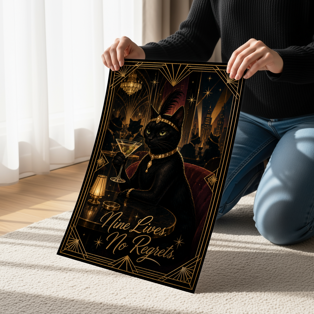 Nine Lives No Regrets Poster, Speakeasy Cat Wall Art, Art Deco Black Cat Print, Cocktail Lounge Decor, Roaring Twenties Gatsby Inspired Artwork