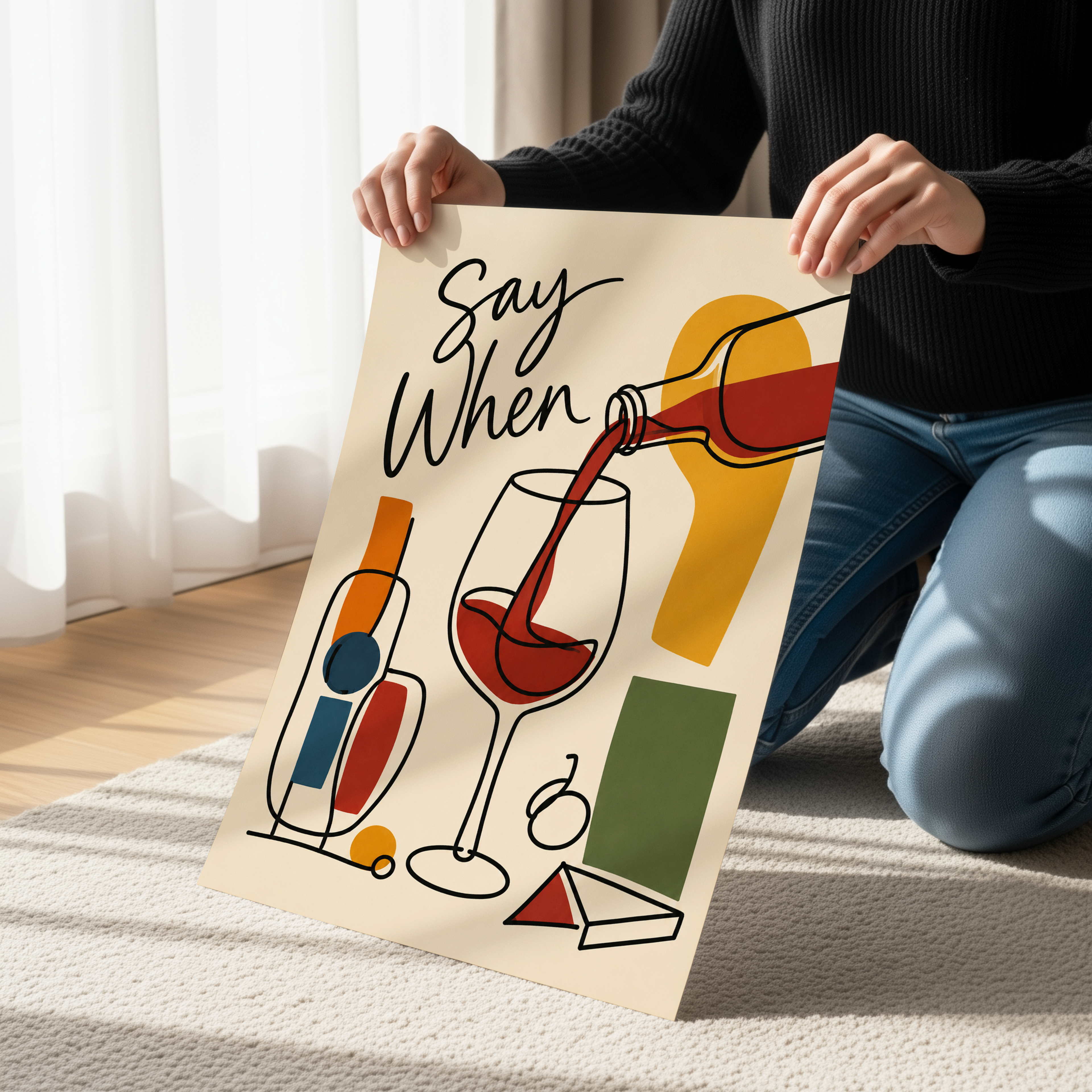 Say When Wine Poster | Mid Century Modern Wine Art | Abstract Wine Wall Decor | Minimalist Bar Cart Print | Modern Kitchen Artwork
