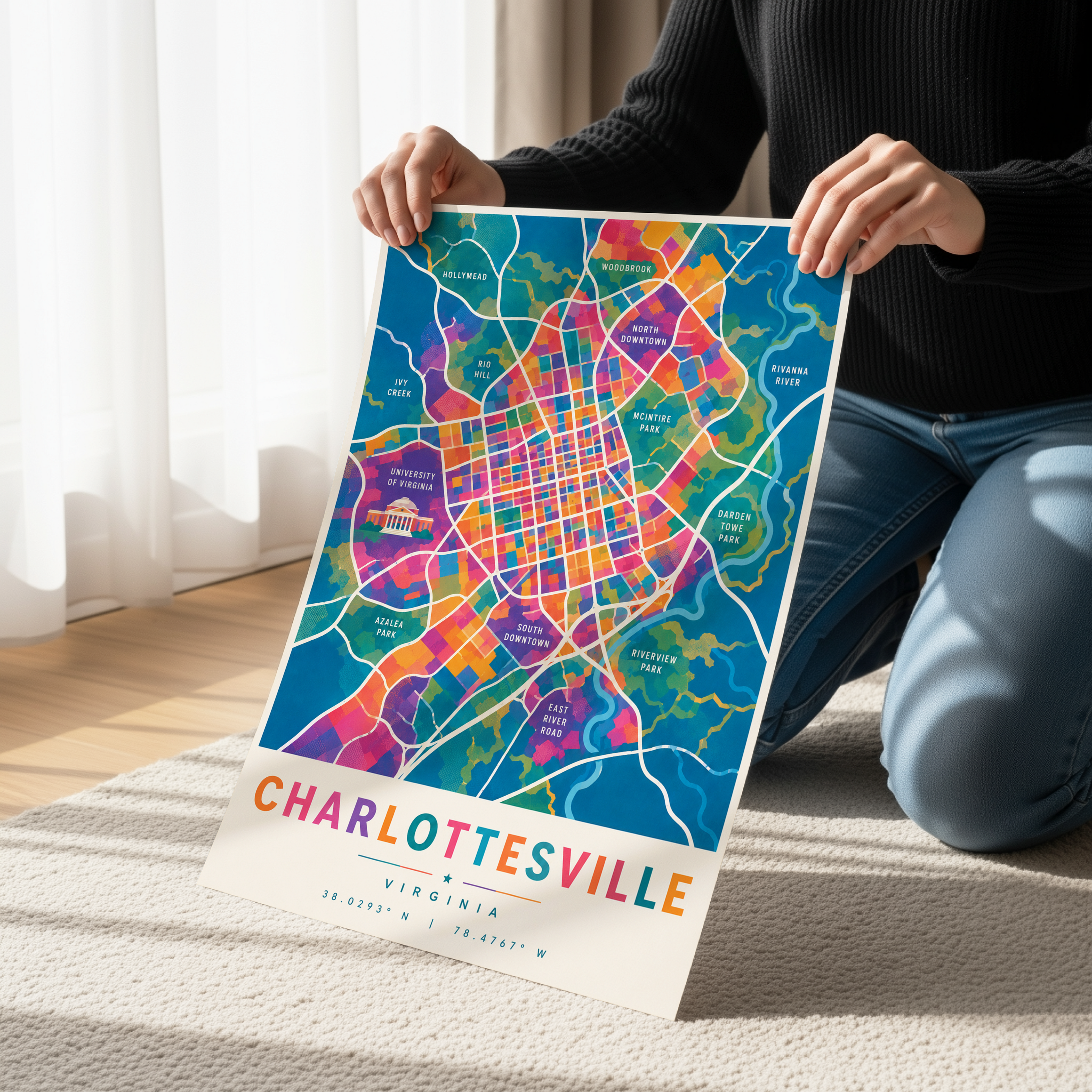 Colorful Charlottesville Map Print | Charlottesville Virginia Wall Art | Modern City Map Poster | University of Virginia Art | Vibrant Charlottesville Decor
