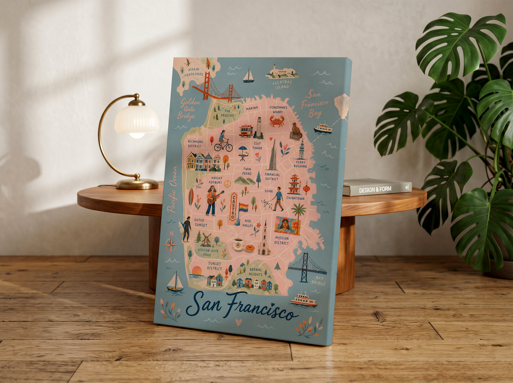 San Francisco Illustrated Map Print | Whimsical City Map Wall Art | Golden Gate Bridge Poster | California Travel Decor