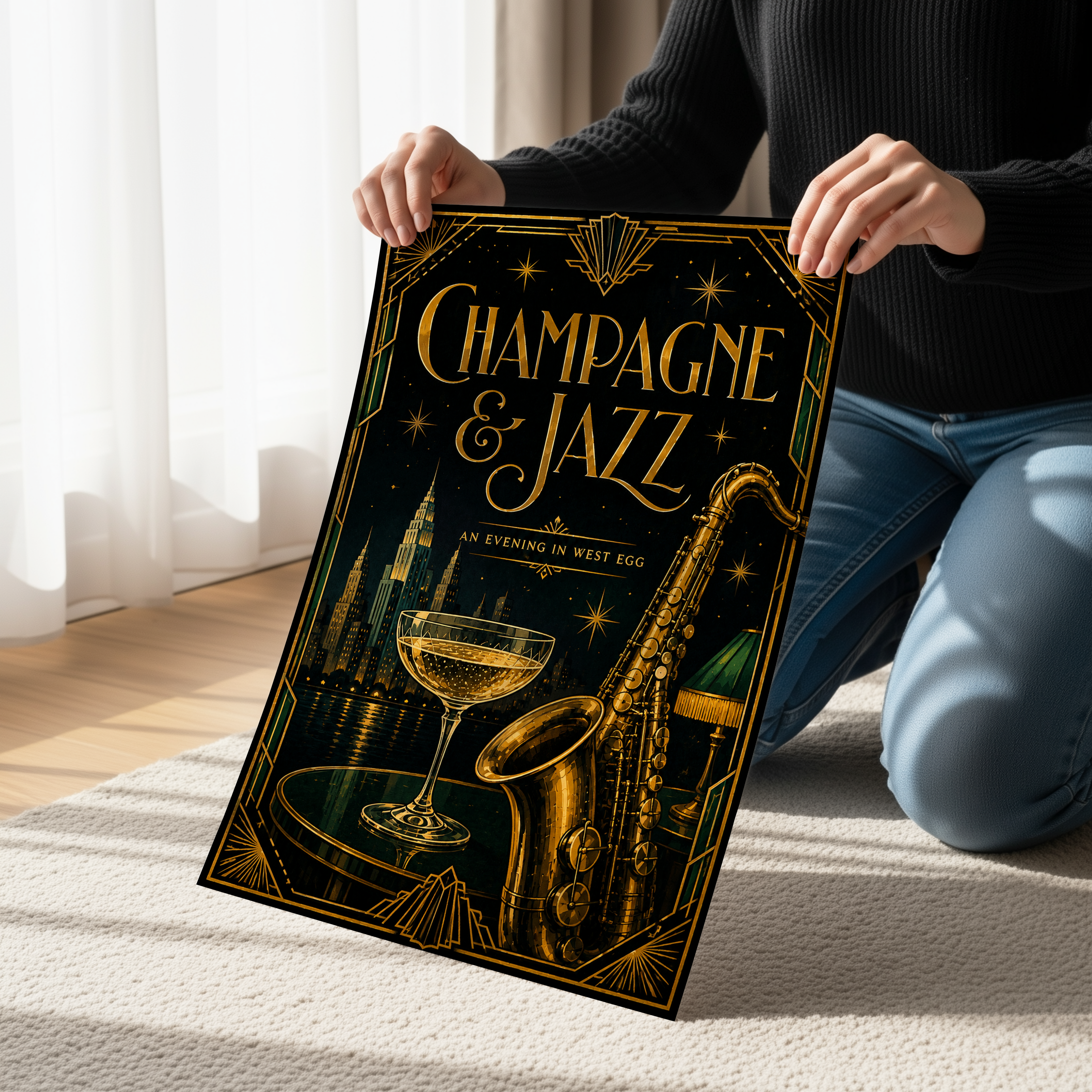 Champagne & Jazz Poster, Speakeasy Wall Art, Art Deco Cocktail Lounge Decor, Gatsby Inspired Home Bar Print, Roaring Twenties Jazz Age Artwork