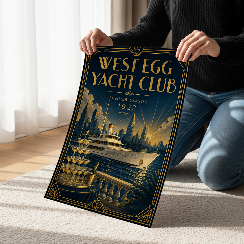 West Egg Yacht Club Poster, Gatsby Inspired Wall Art, Art Deco Travel Poster, Speakeasy Decor, Roaring Twenties Champagne Yacht Print