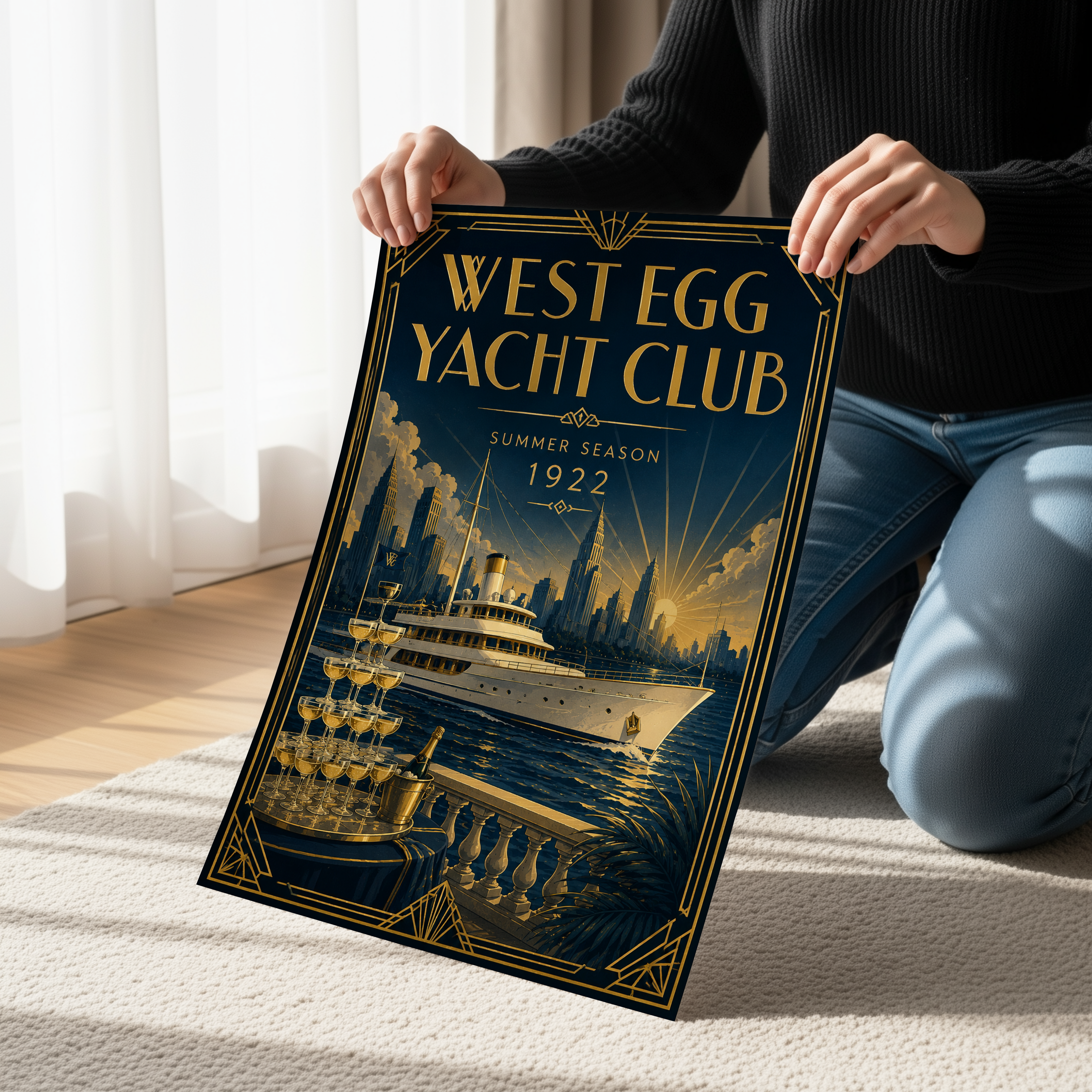 West Egg Yacht Club Poster, Gatsby Inspired Wall Art, Art Deco Travel Poster, Speakeasy Decor, Roaring Twenties Champagne Yacht Print