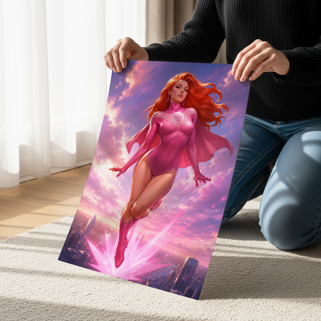 Atom Eve Poster, Invincible Superhero Wall Art, Comic Book Hero Canvas Print, Pink Superhero Artwork, Powerful Female Hero Decor