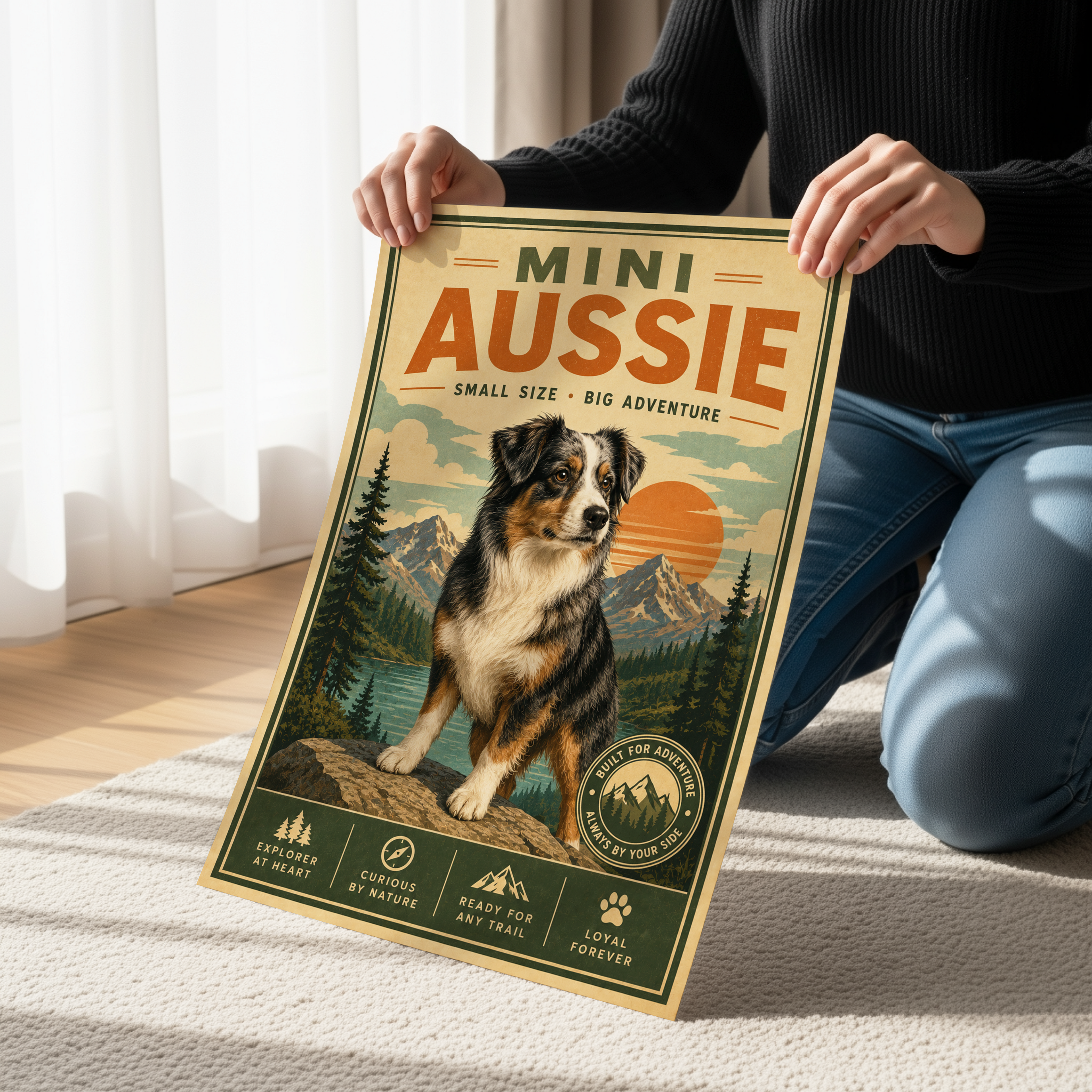 Mini Aussie Poster or Canvas, Retro Adventure Dog Wall Art, Australian Shepherd Mountain Decor, Vintage Outdoor Pet Print