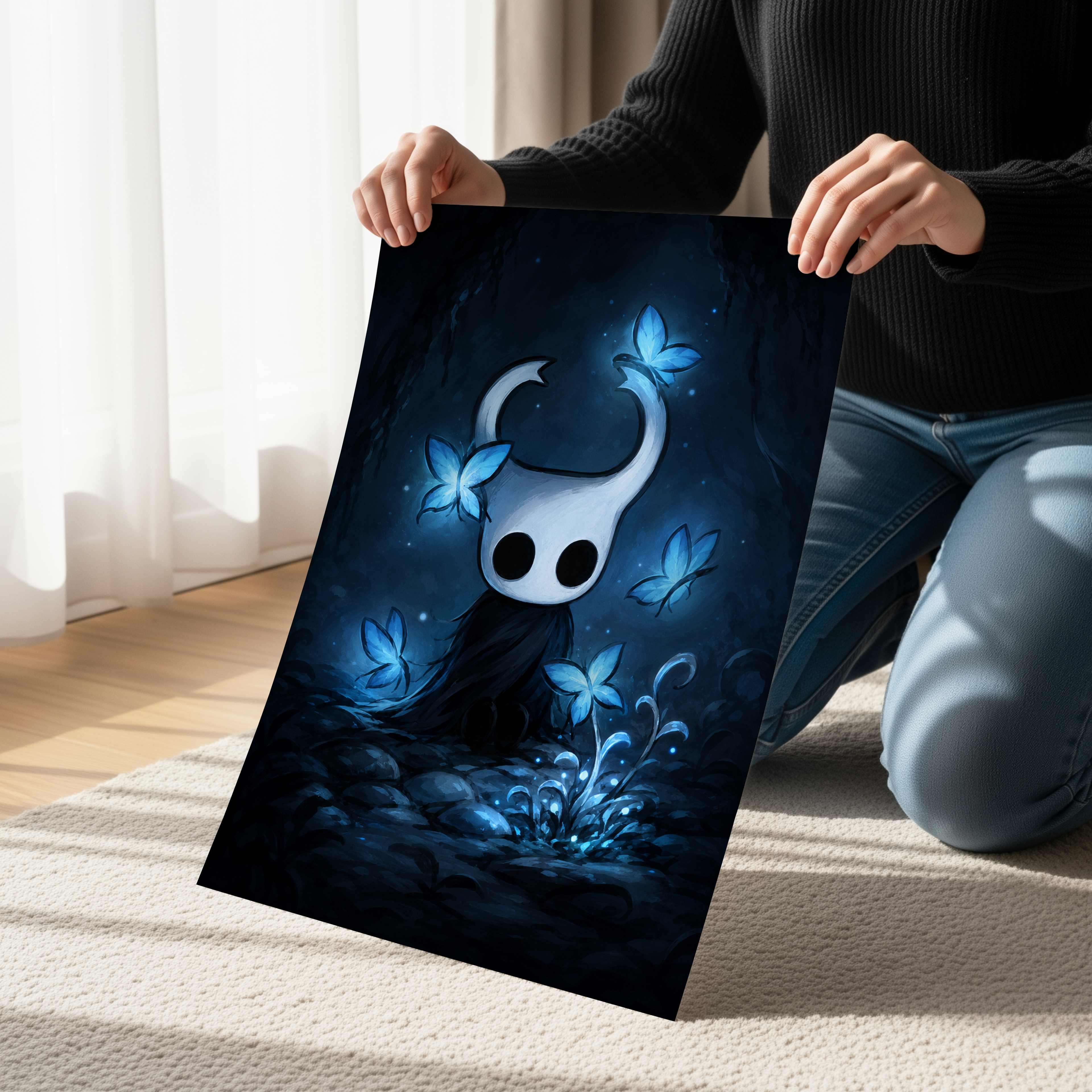 Hollow Knight Fan Art Print, Cute Gaming Wall Art, Indie Game Inspired Poster, Blue Butterfly Artwork, Gamer Room Decor, Fantasy Character Art