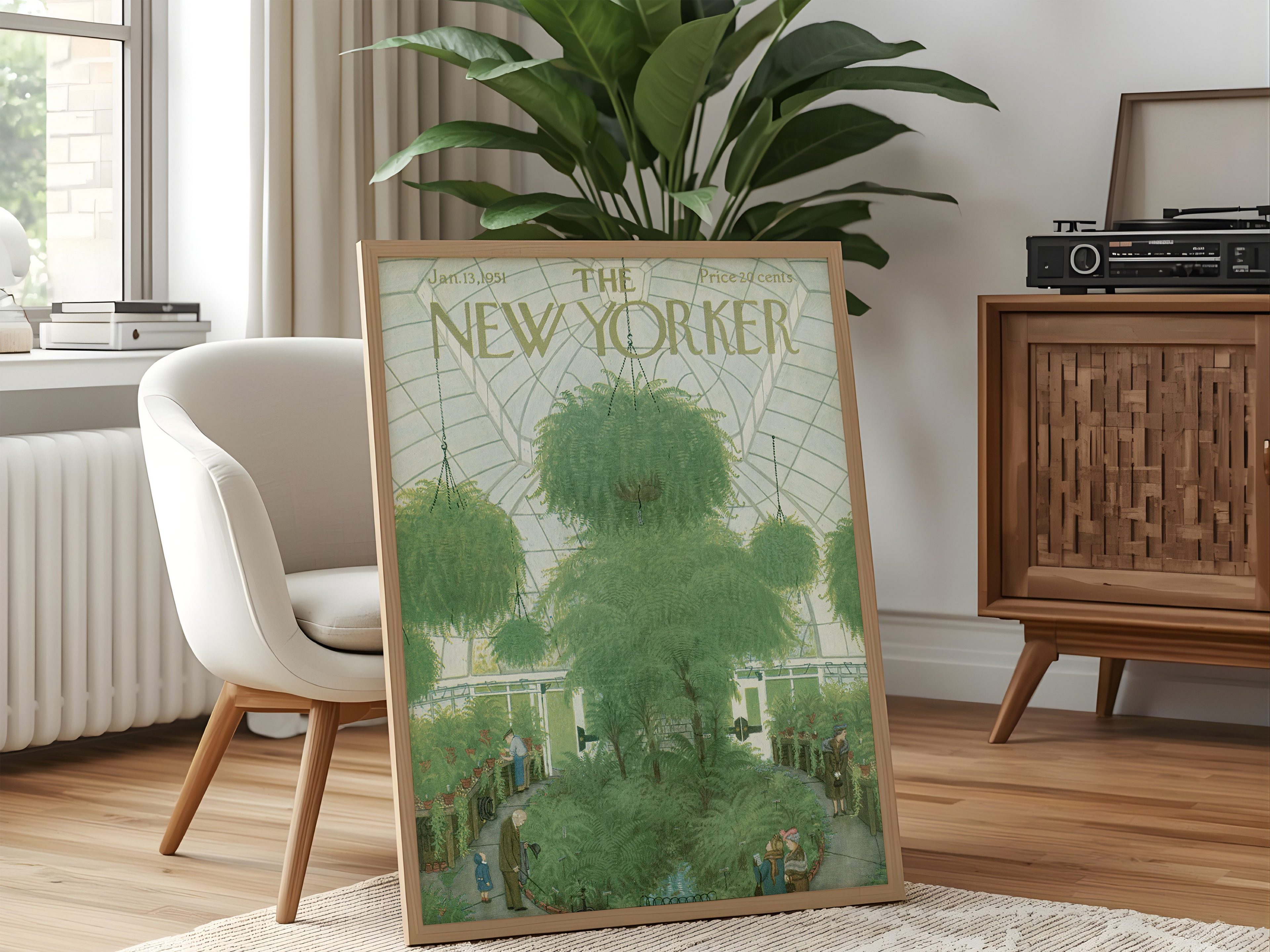 Vintage New Yorker Inspired Wall Art Print | Green Retro Conservatory Canvas or Poster