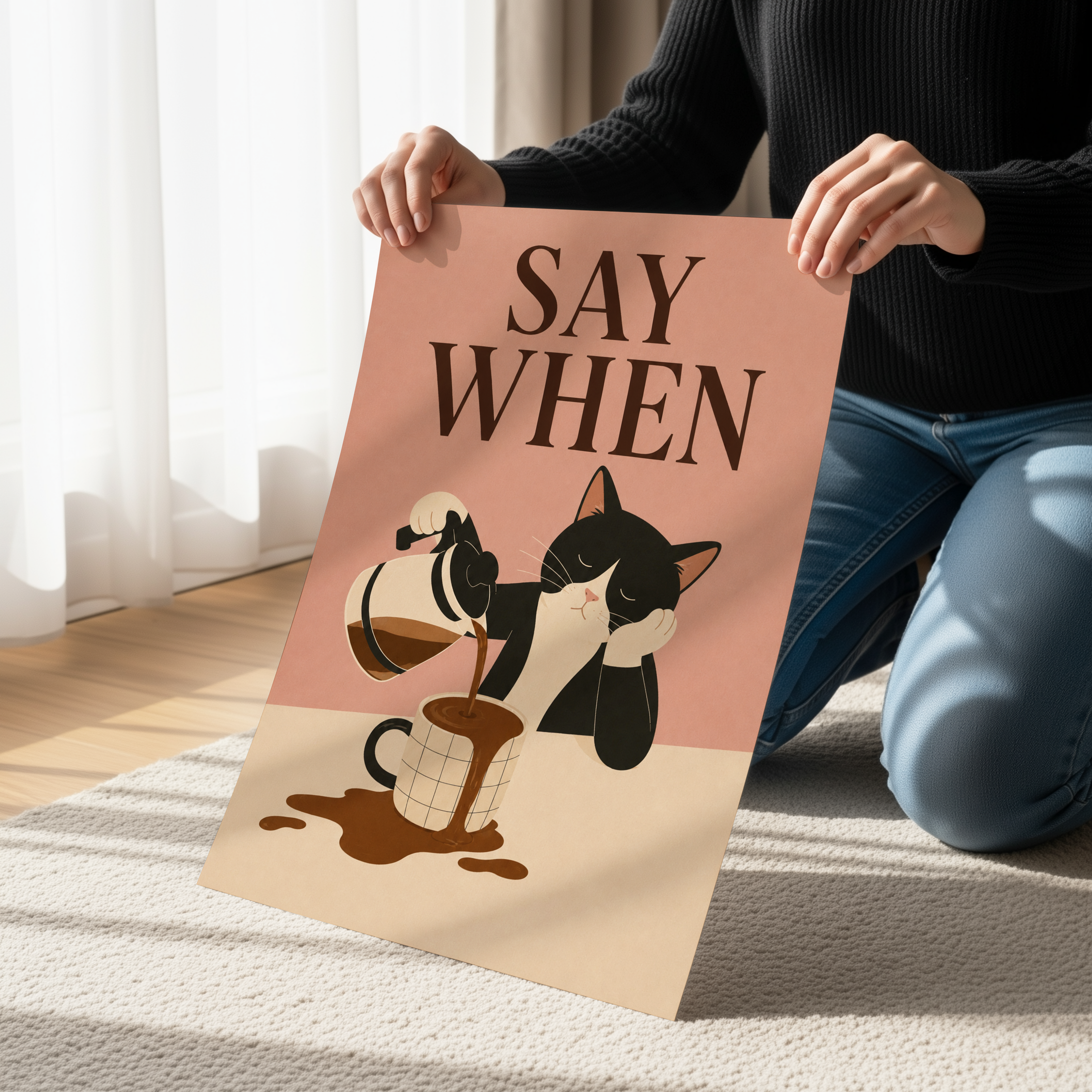 Say When Cat Coffee Poster | Funny Coffee Bar Wall Art | Minimalist Cat Kitchen Decor | Retro Coffee Lover Gift