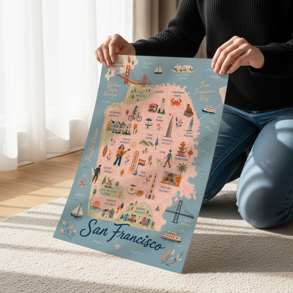 San Francisco Illustrated Map Print | Whimsical City Map Wall Art | Golden Gate Bridge Poster | California Travel Decor