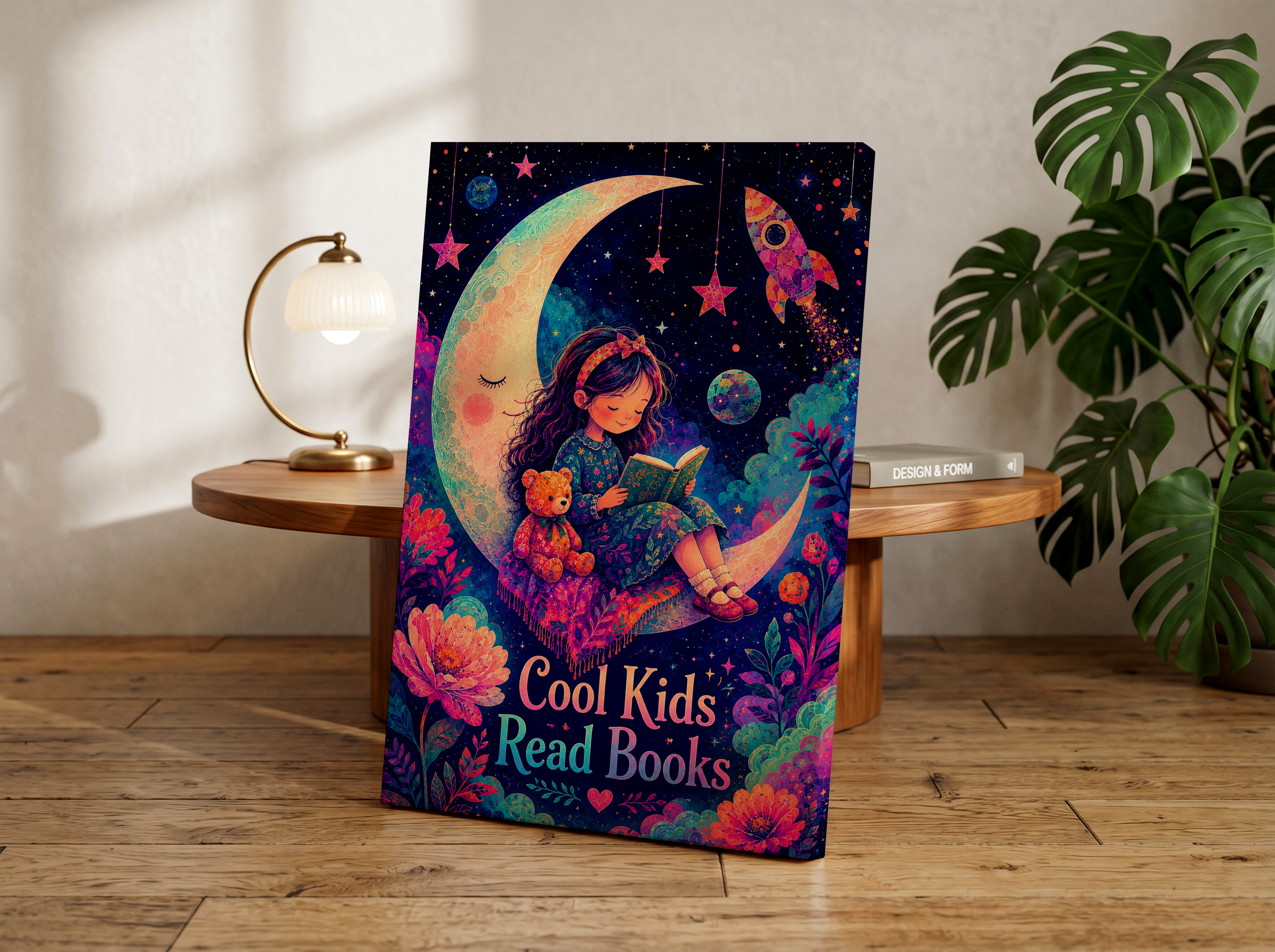 Cool Kids Read Books Wall Art | Cosmic Reading Moon Poster | Psychedelic Nursery Decor | Colorful Kids Room Art | Dreamy Book Lover Print