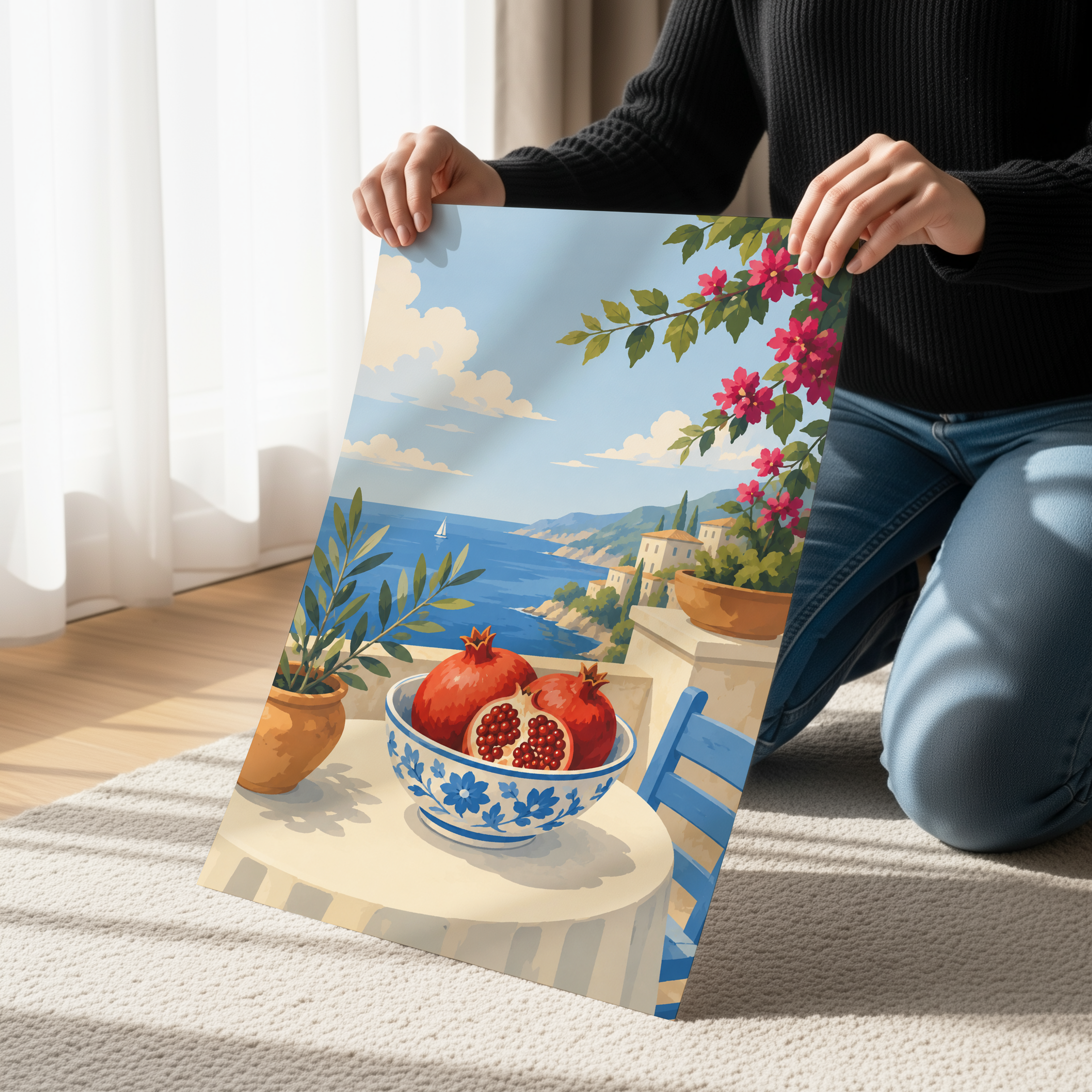 Mediterranean Terrace Pomegranate Wall Art, Coastal Italian Fruit Print, Amalfi Coast Inspired Decor, Pomegranate Art, Mediterranean Kitchen Artwork