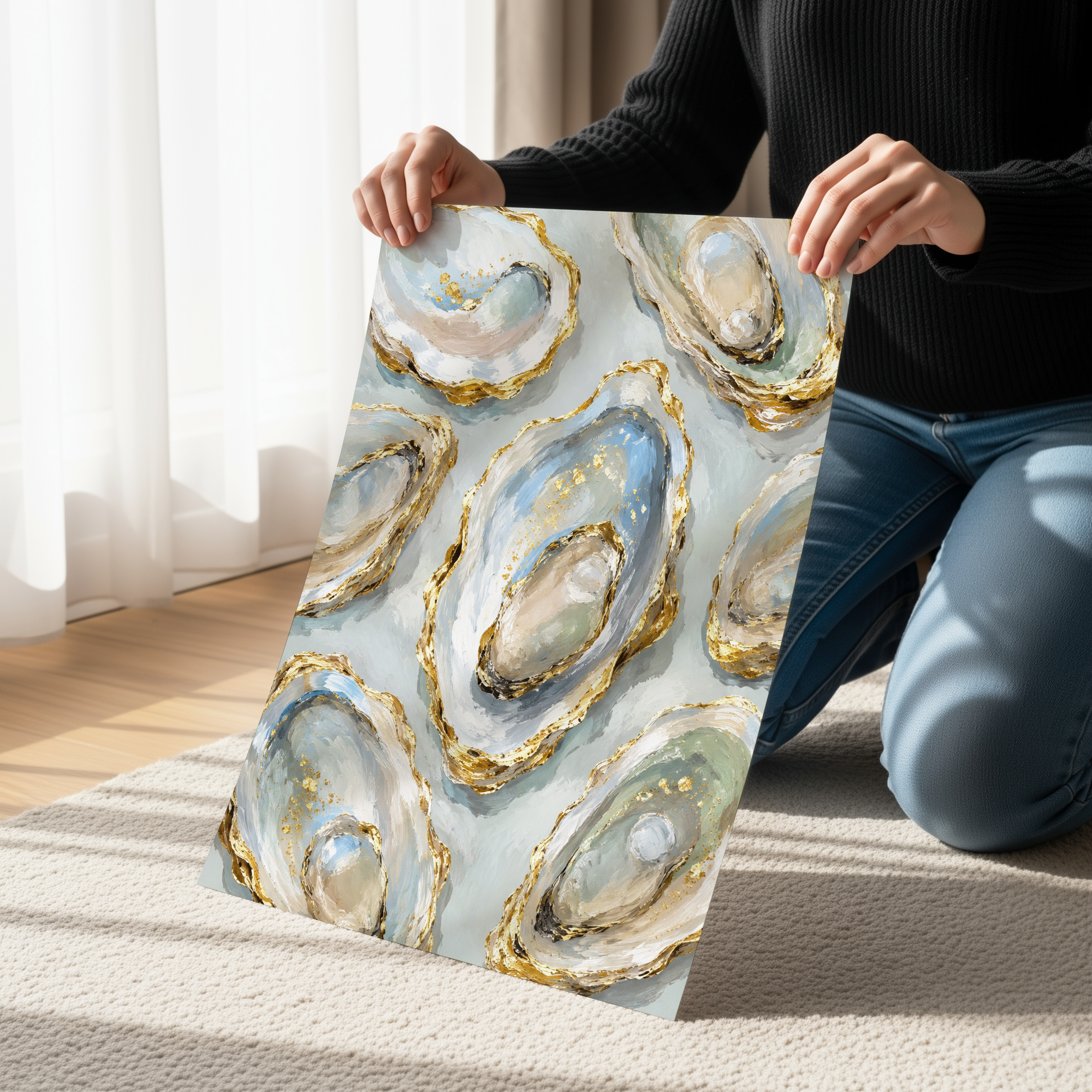 Oyster Wall Art Print, Coastal Oyster Painting, Blue and Gold Oyster Artwork, Luxury Coastal Decor, Oyster Shell Art, Beach House Wall Decor