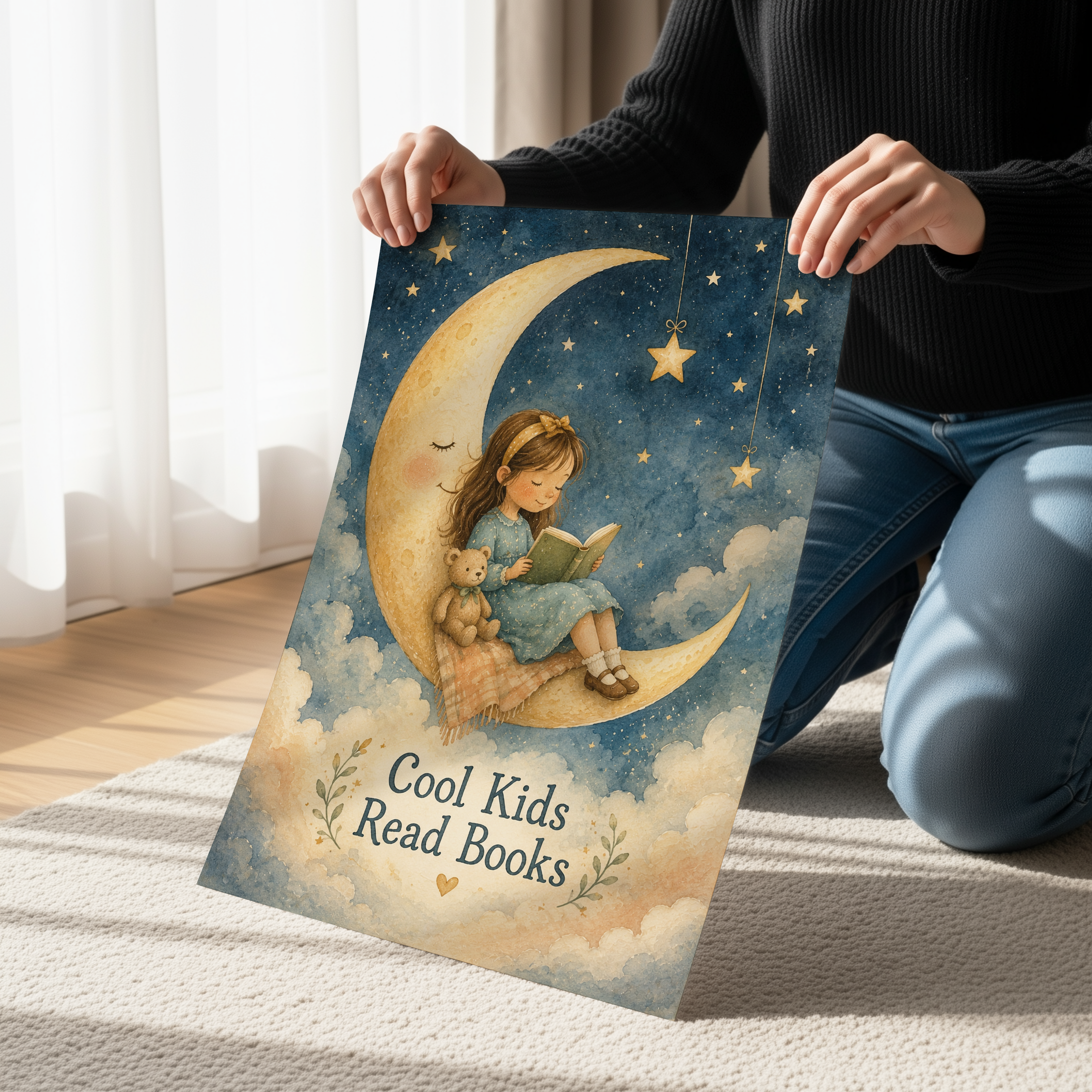 Cool Kids Read Books Moon Poster | Reading Girl Wall Art | Storybook Nursery Decor | Reading Corner Print | Celestial Kids Room Art