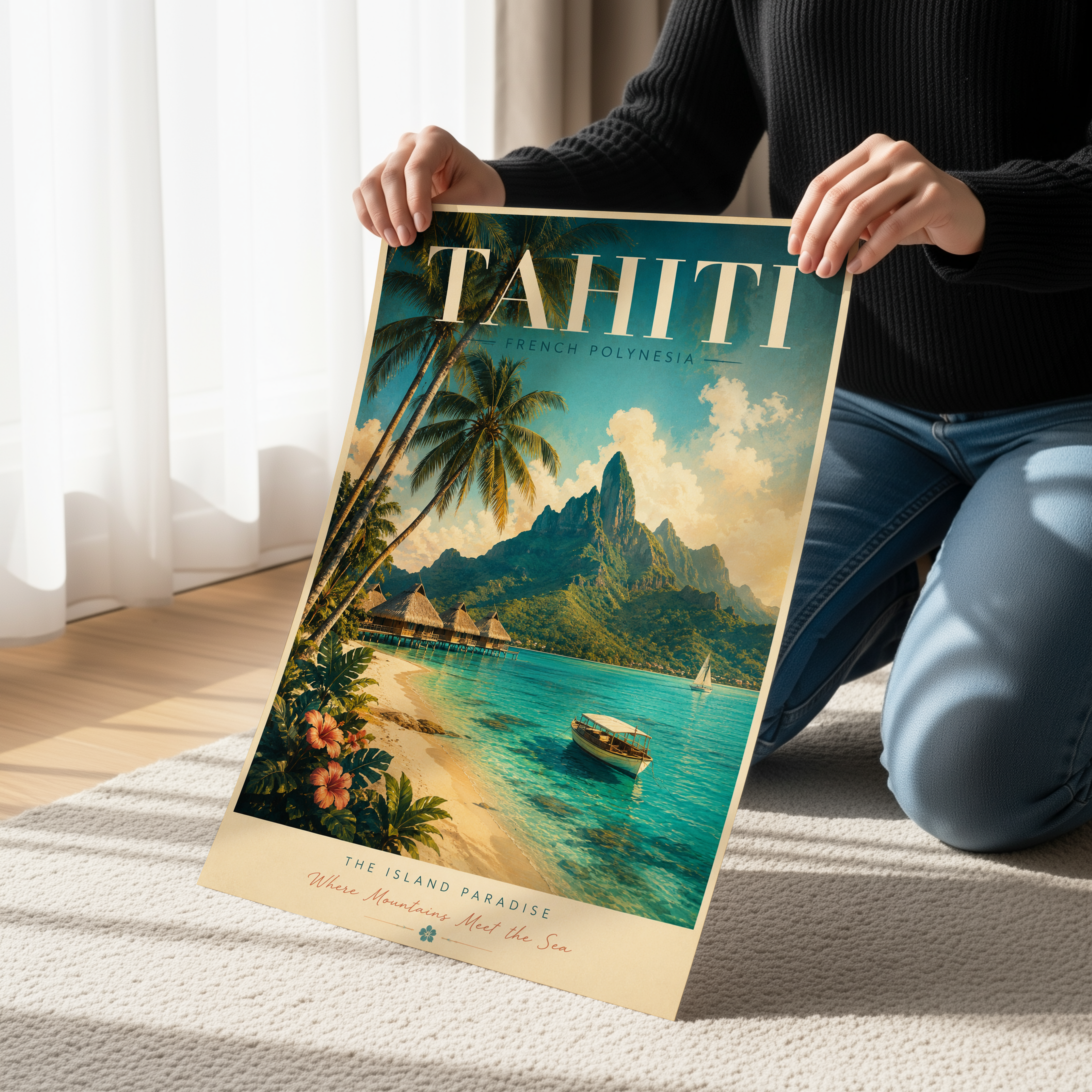 Tahiti Travel Poster, Vintage French Polynesia Wall Art, Tropical Beach Print, Retro Island Paradise Artwork, Coastal Decor, Bora Bora Inspired Poster, Vacation Wall Art